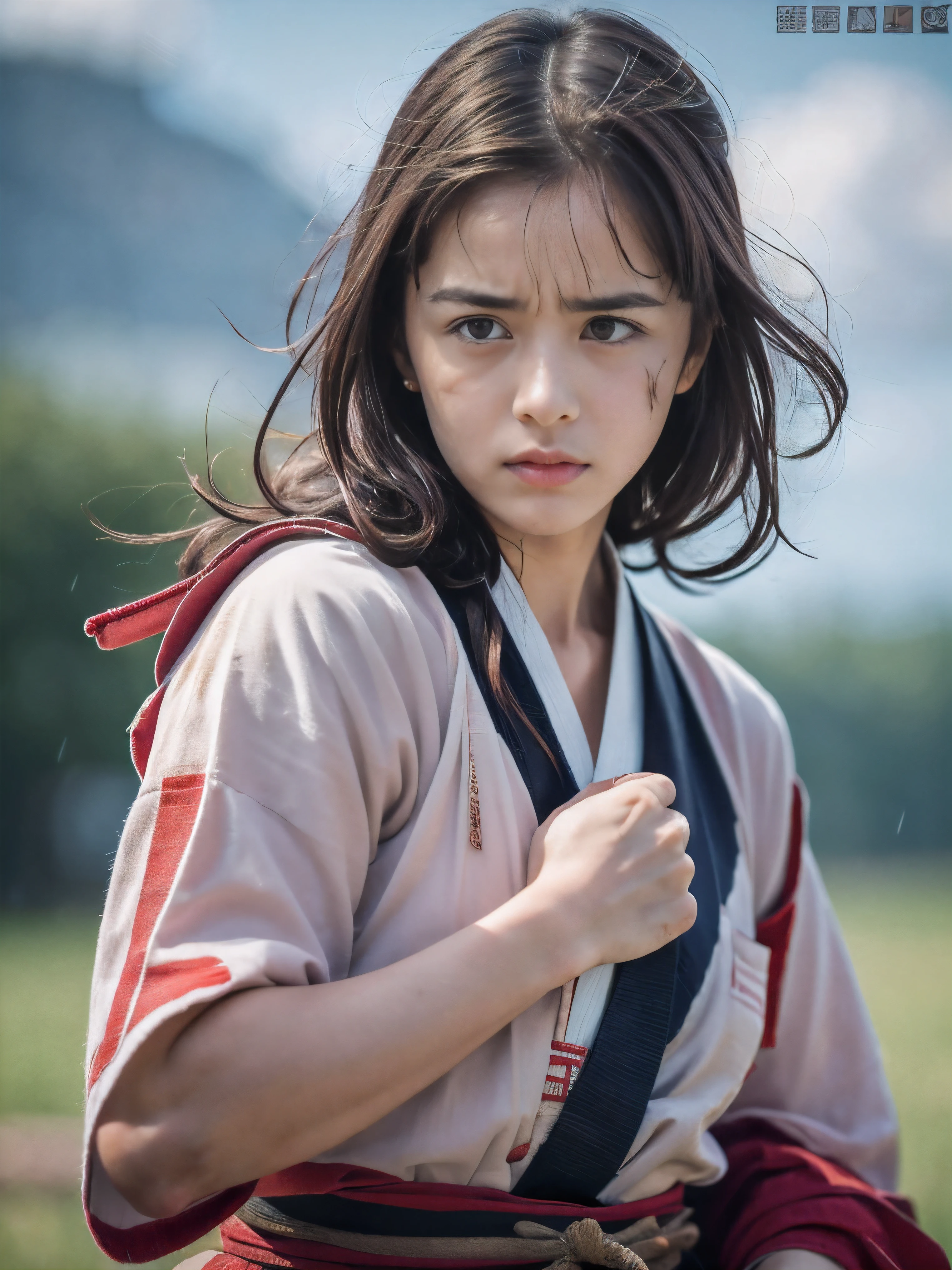 (Close up portrait of one slender small breasts red brown wavy long hair with dull bangs girl in a red colored dirty bloody samurai armor in Japan at raining:1.5)、(One girl makes fighting pose and hold Japanese traditional white blade sword on hand under the raining sky on the grassland in old Japan with crying dirty bloody face:1.5)、(Heavy raining dark sky:1.5)、(blurred background:1.5)、(Natural light:1.5)、(8k ultra detailed master piece:1.5)、(perfect anatomy:1.5)、(Photorealistic stick:1.5)、(Raw photo:1.3)、(highest quality:1.5)、(High resolution:1.3)、(Delicate and beautiful perfect face:1.3)、(Delicate and beautiful eye air skin:1.3)、(Real Human Skin:1.3)、((thin legs))