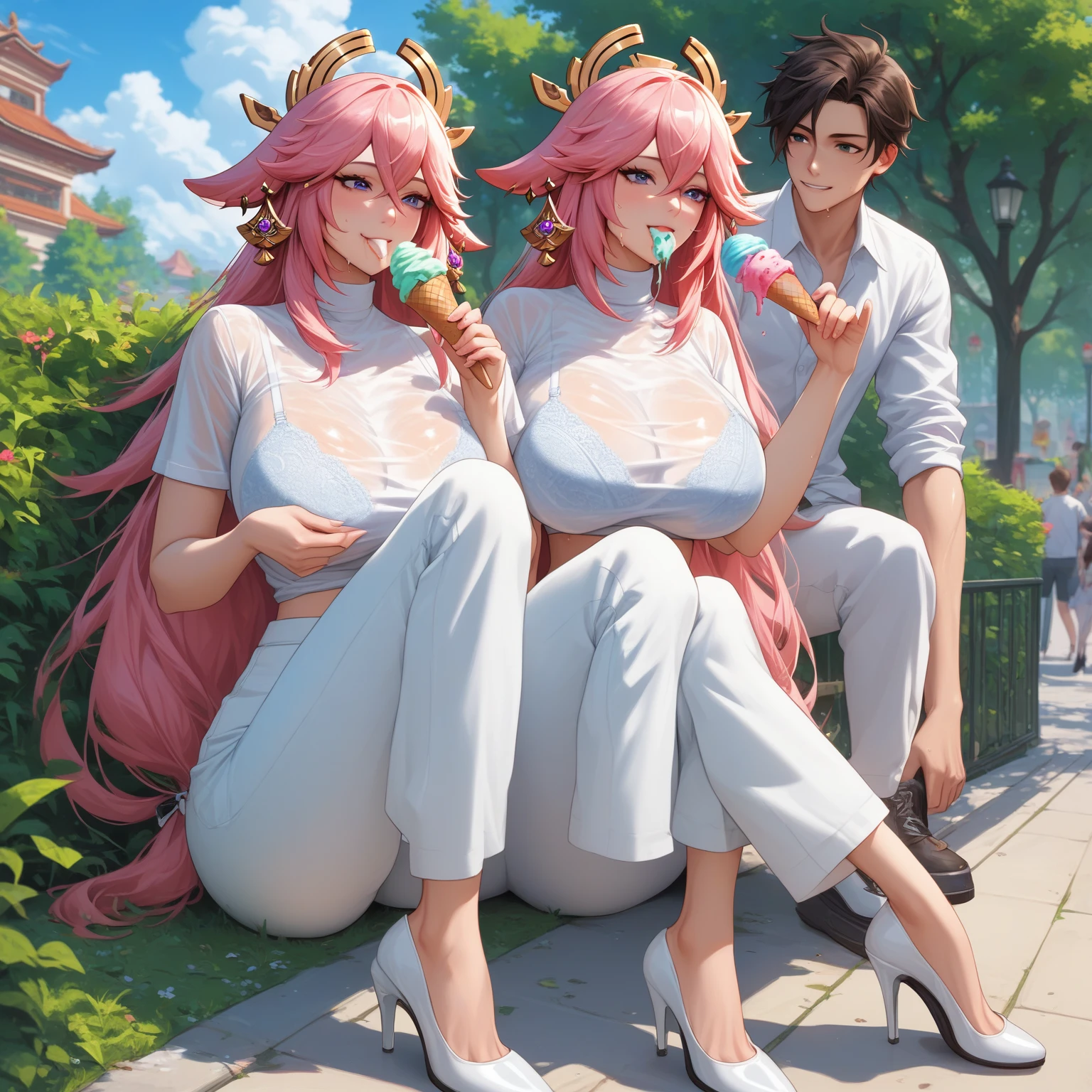 front image, Source anime, bachong, thin, thin legs, huge breasts, white bra visible through Shirt, transparent shirt, sitting in a park, detailing the body, He smiled, high-rise building, shiny skins, white pants, high heels shoes, suffering from heat, sweat, eating ice cream, two girls eating ice cream,