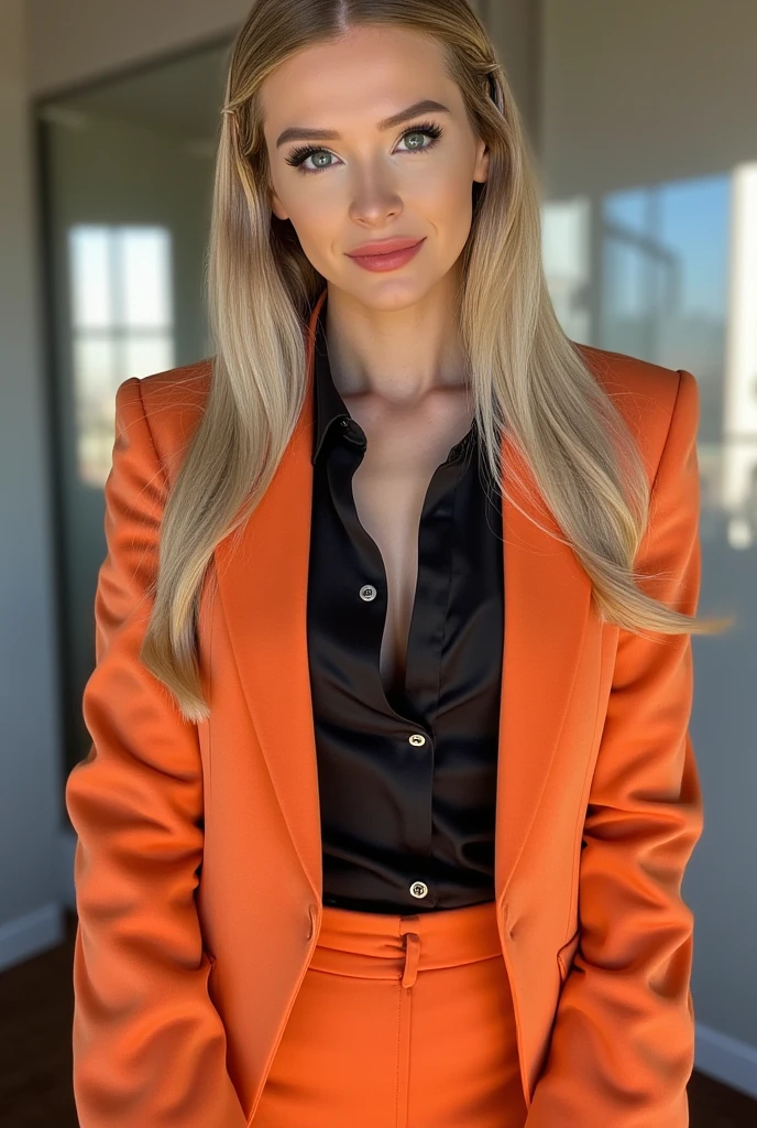 Bebahan, a beautiful female business executive wearing an orange leather Armani business suit with a open black buttondown shirt, wet slicked back blonde hair, strong seductive makeup, bedroom eyes, cinematic lighting, a corporate photography, top executive office in the background, godrays