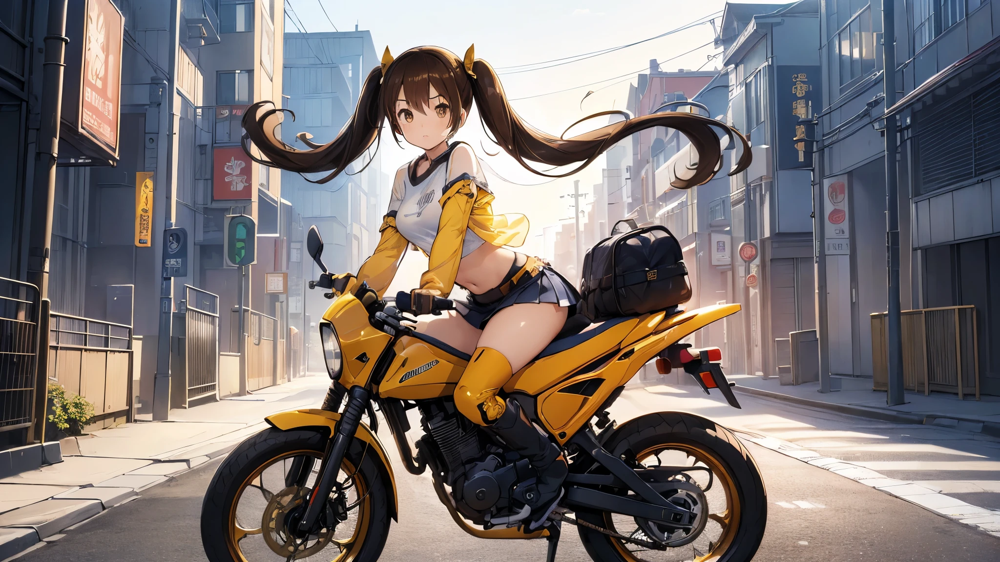 (((masterpiece))), ((( high definition))), ((( perfect face)))、((( Japan Beauty )))、(( top quality i )), detailed texture, (( high definitionの顔)), ( best quality、Unity 8k,16k, wallpaper、masterpiece、Super detailed、超 high definition、(Realistic)、( Highly Detailed Backgrounds), ((Detailed drawing))、Photoreal 1.2, exquisite, insanely detailed), ((4 fingers on 1 thumb , Perfect human hand, perfect two legs:1.2)), very detailed facial and skin textures, ((Detailed eyes)), Detailed lips, highly detailed depiction of hair , ((), twin tails, Light Brown Hair, Brown eyes, fitted long sleeve crop top, riders jacket, (Partially see-through ), tight miniskirt bending forward, boots, The basic color of clothing is yellow )), ((highway)), (I'm riding a mini bike), ((cowboy shot))