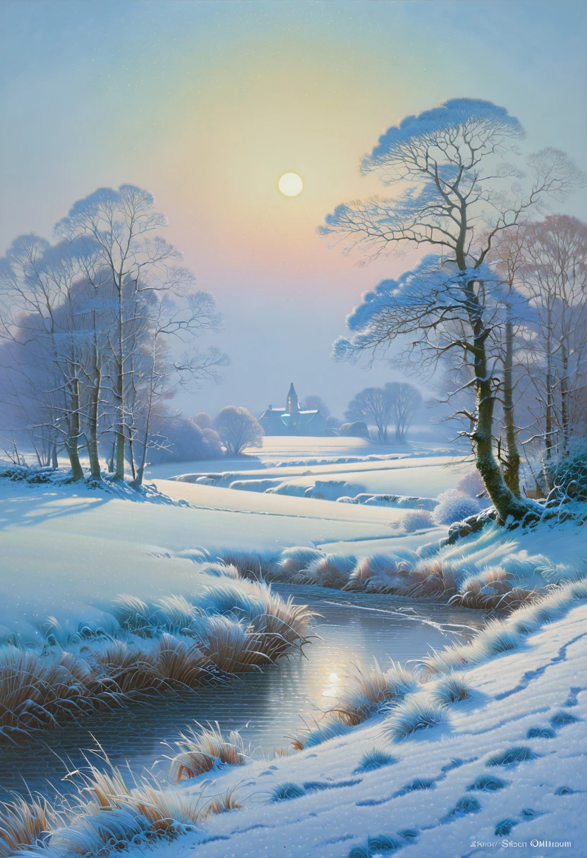 winter & summer, 8k, hyper detailed, art deco, steven outram(Masterpiece, Top Quality, Best Quality, Official Art, Beautiful and Aesthetic:1.2), Winter Country Landscapes depict scenes of the countryside in winter, often with snow-covered fields, frozen rivers and barren trees. These paintings have a blue and white color palette and are known for their serene and peaceful atmosphere.