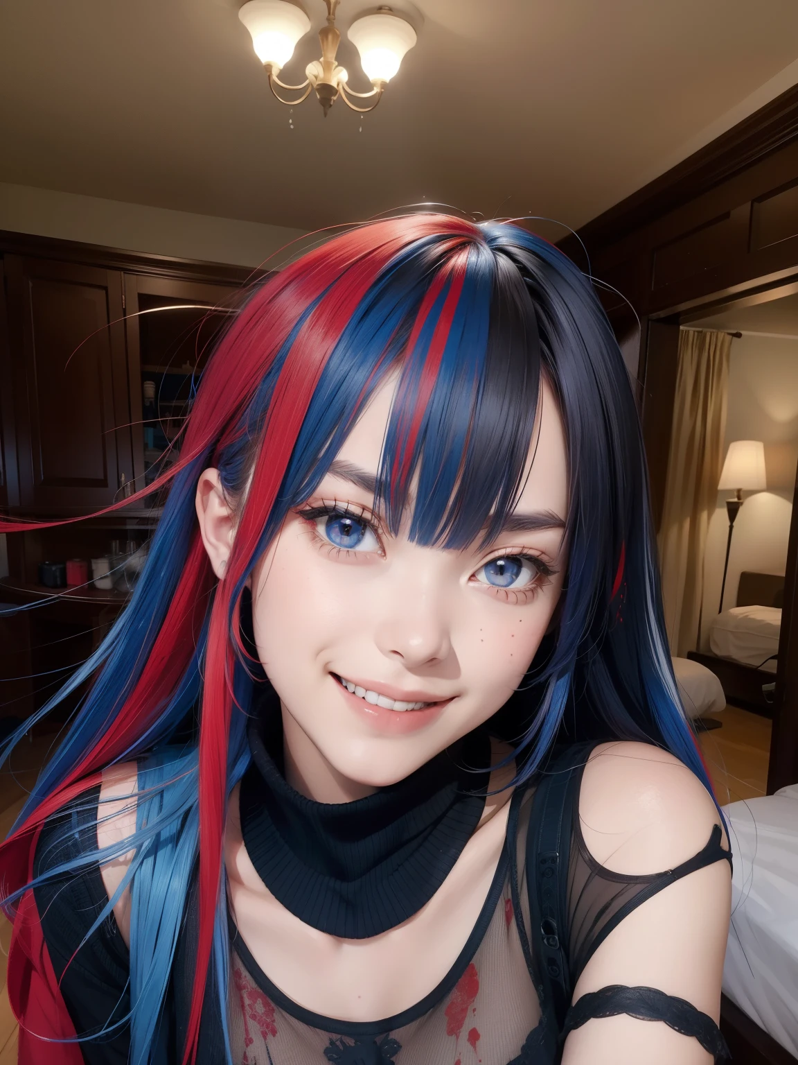 masterpiece, best quality, highly detailed,1girl,indoors, adult, split-color hair, red and blue hair, hair over eye, dynamic pose, clothes, grin