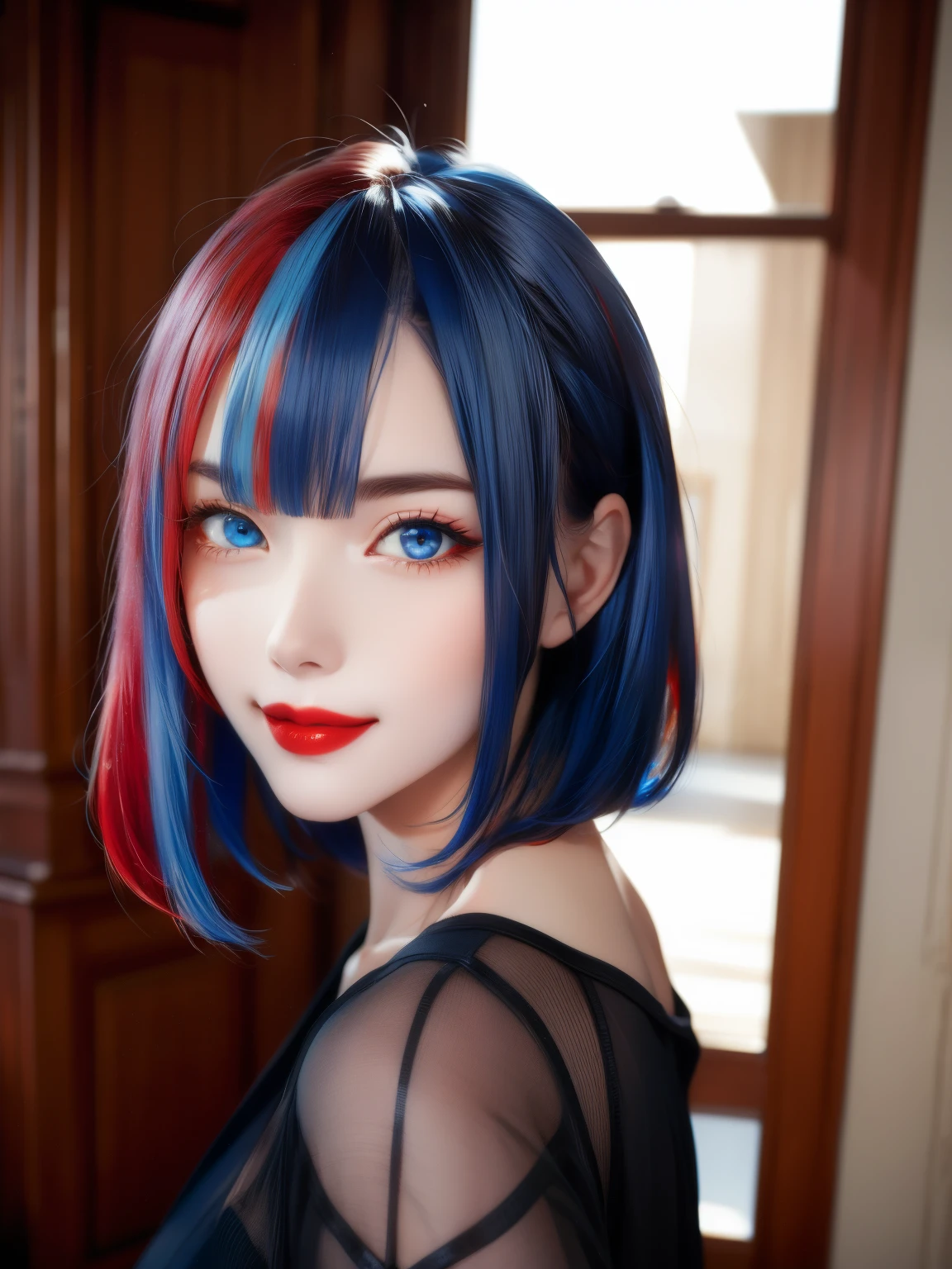 masterpiece, best quality, highly detailed,1girl,indoors, adult, split-color hair, red hair, blue hair, hair over eye, dynamic pose, clothes, smile, lipstick, bright blue eyes