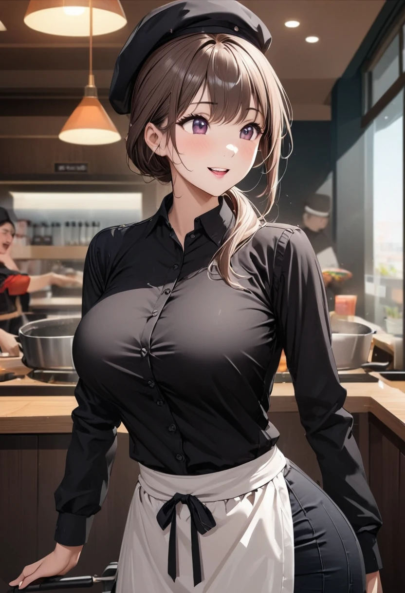 Beautiful girl 、Age 30、Best Quality、Ultra-precision、Detailed drawing、Restaurant chef、Frying pan、 black shirt、tie、Waist apron、Beret、Sharpness、 ponytail、Vivid colors、upright posture、front、 looking at the camera、A very ecstatic expression、Slender figure、Accurate depiction、 CG illustration、Beautiful big boobs、My chest opens slightly
