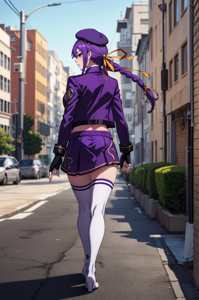 masterpiece, best quality,   eltnumdef, full body,braid, beret, hair ribbon, cropped jacket, purple jacket, purple sweater, v-neck, necktie, skirt, fingerless gloves, white thighhighs, White panties,Height: 175 cm, In the city, Seductive pose,from behind