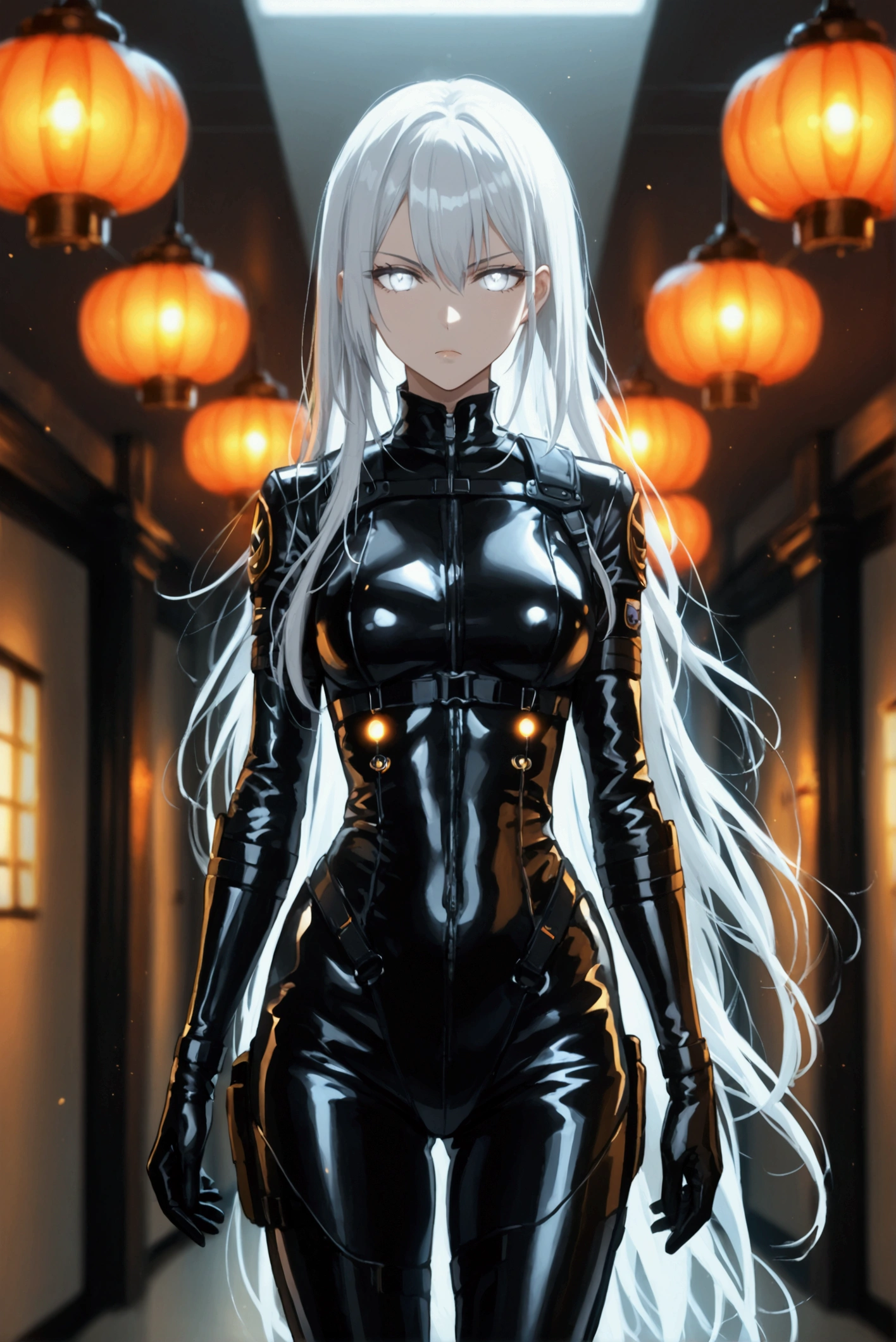 Full-length , anime , Serious look, White eyes,  long white hair, in a black leather combat suit, in black ankle boots, sexy, the girl is standing in the hallway illuminated by three torches, full-length pose