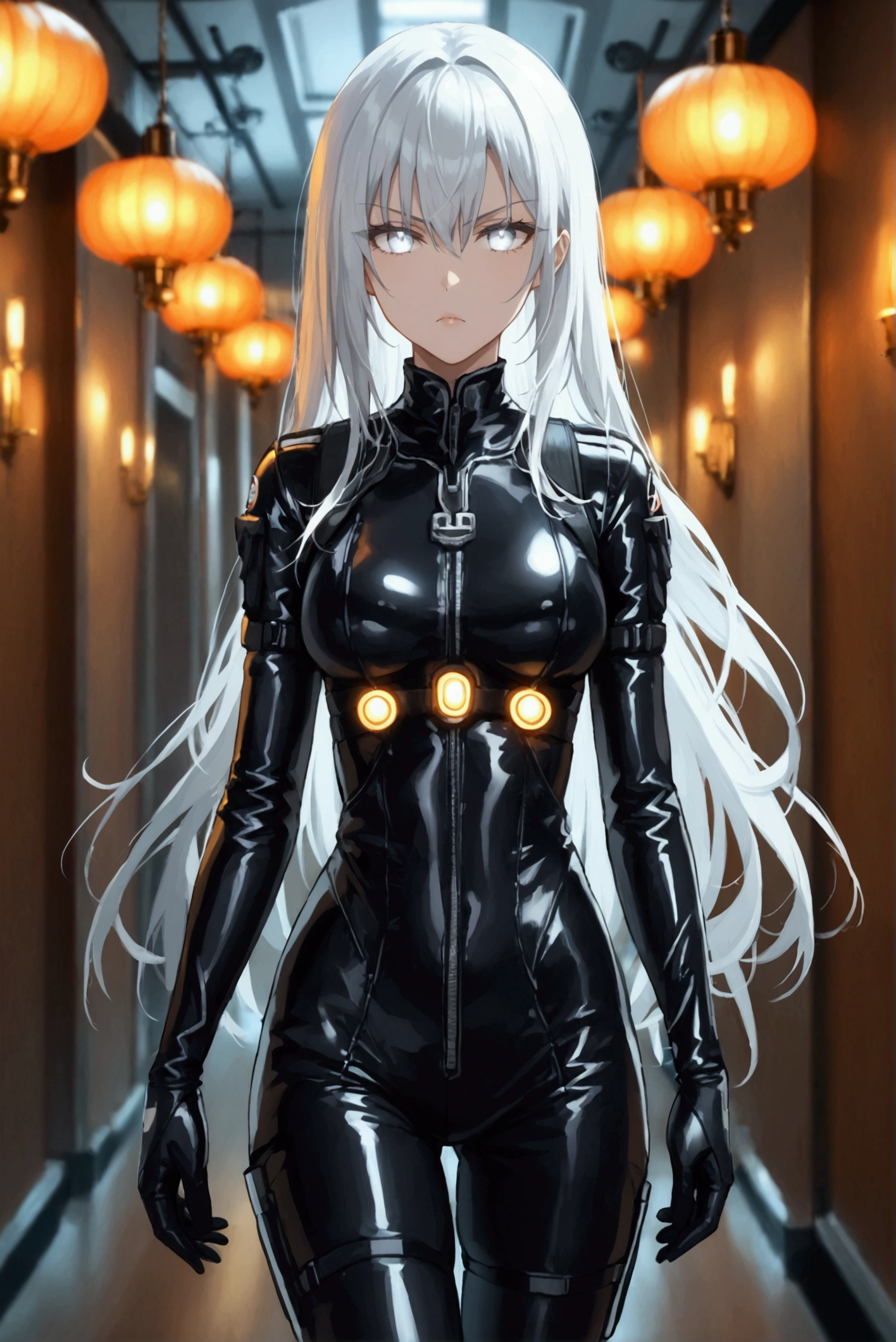 Full-length , anime , Serious look, White eyes,  long white hair, in a black leather combat suit, in black ankle boots, sexy, the girl is standing in the hallway illuminated by three torches, full-length pose