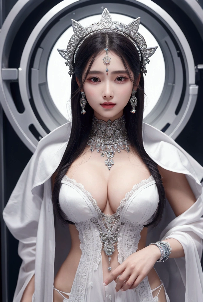 Realistic、(masterpiece、Highest quality、Highest quality、Official Art、Beautiful and aesthetic:1.2)、Very detailed、woman,people々turn black:1.2,((Backlighting:1.2)),Fractal Art、colorful、Short Bob Hair,Highest detail、Tangled、(The background is bright and abstract:1.5)Silver Hair、Bright Eyes、all back、Masseter muscle area,High definition,1peopleの少女、Idol、Close-up、clavicle、picture、movie、Depth of written boundary、Jito Order、Eyes from below,Long Hair,View your viewers、Cleavage,((surrealist clothes:1.4)),Puffy eyes,Sit on,(Big Breasts)