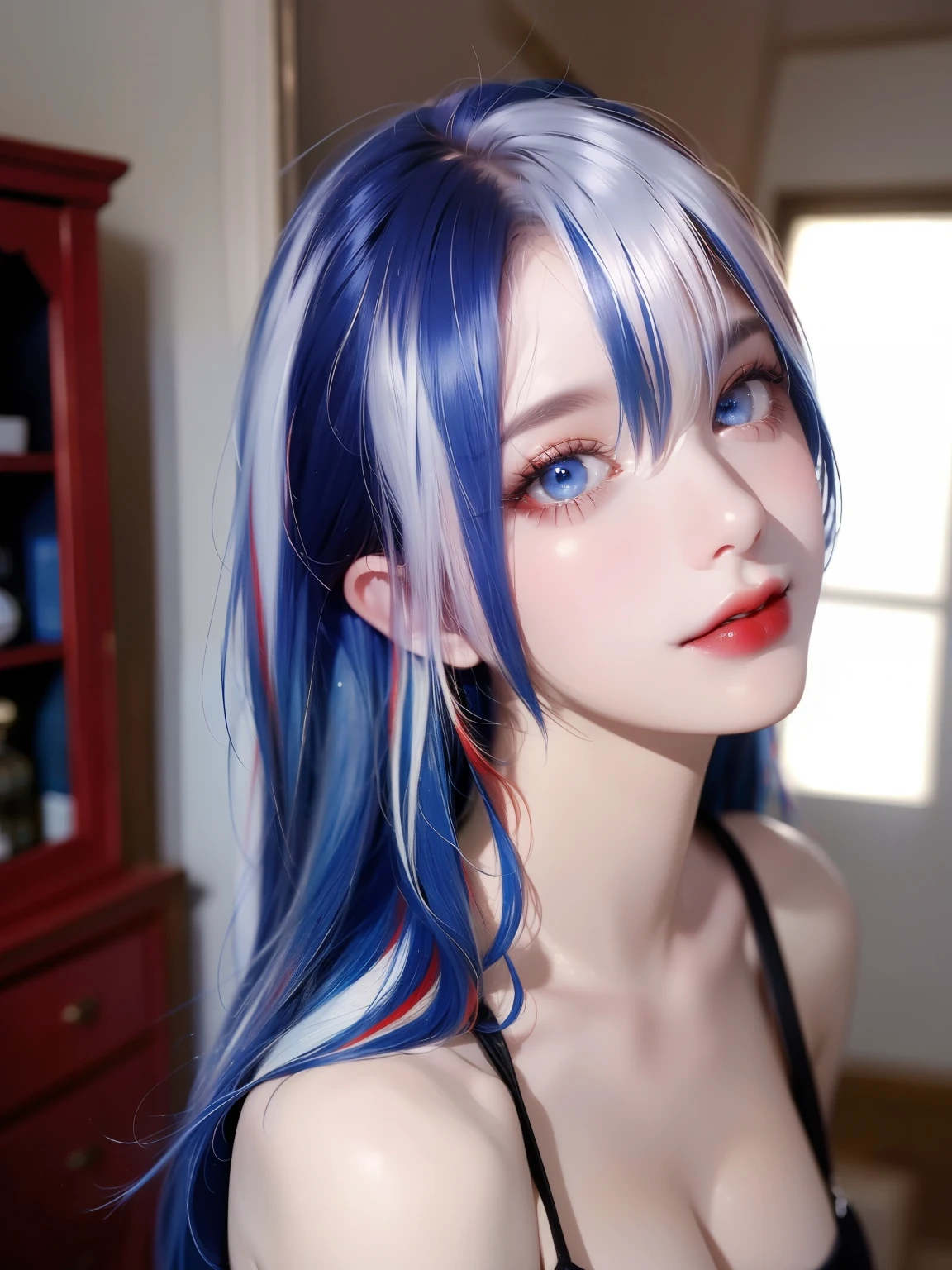 masterpiece, best quality, highly detailed,1girl,indoors, adult, split-color hair, red and blue hair, hair over eye, dynamic pose, clothes, smile, lipstick, bright blue eyes