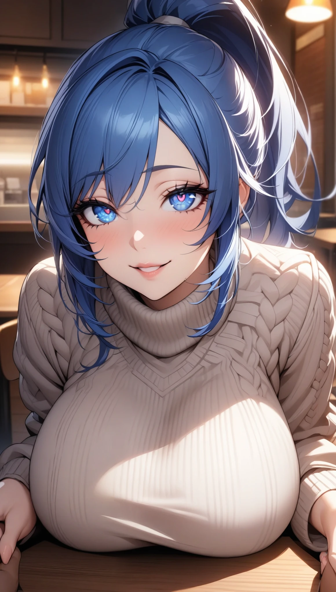 Beautiful woman, 1girl,  seductive and sensual woman smiling,  Breasts on a desk :1.6, (Big Breasts, Blue Hair,  ponytail:1.4,  knitted sweater ), Detailed face, ( beautiful detailed eyes,  Beautiful Detailed Lips , 美しいDetailed face,  long eyelashes ),  Focus on the Face ,  mouth, Laugh, Place your hands on the desk, Cafe,  looks up, Obscene, Highest quality, masterpiece:1.2.