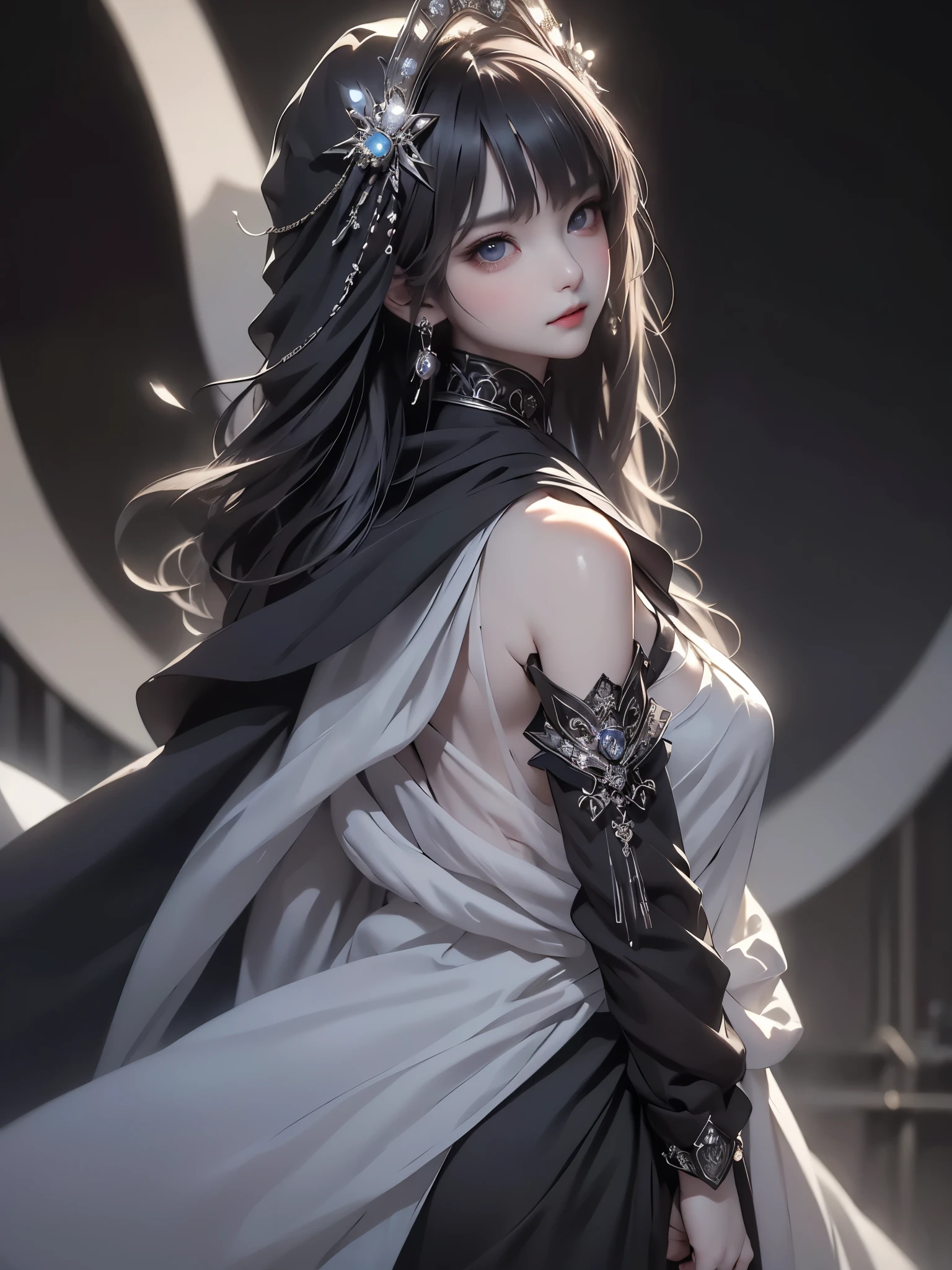 、masterpiece:1.5, bestquality, 1girl, classic girl, classic, Mechanical decoration、A face with cold beauty、Cold Face, detailed eyes、Beautiful shoulders、Solemn atmosphere、small breasts, beautiful eyes, Heavy cloak、Huge pipe organ、look up、backlighting, back ground:dark world. from behind.
