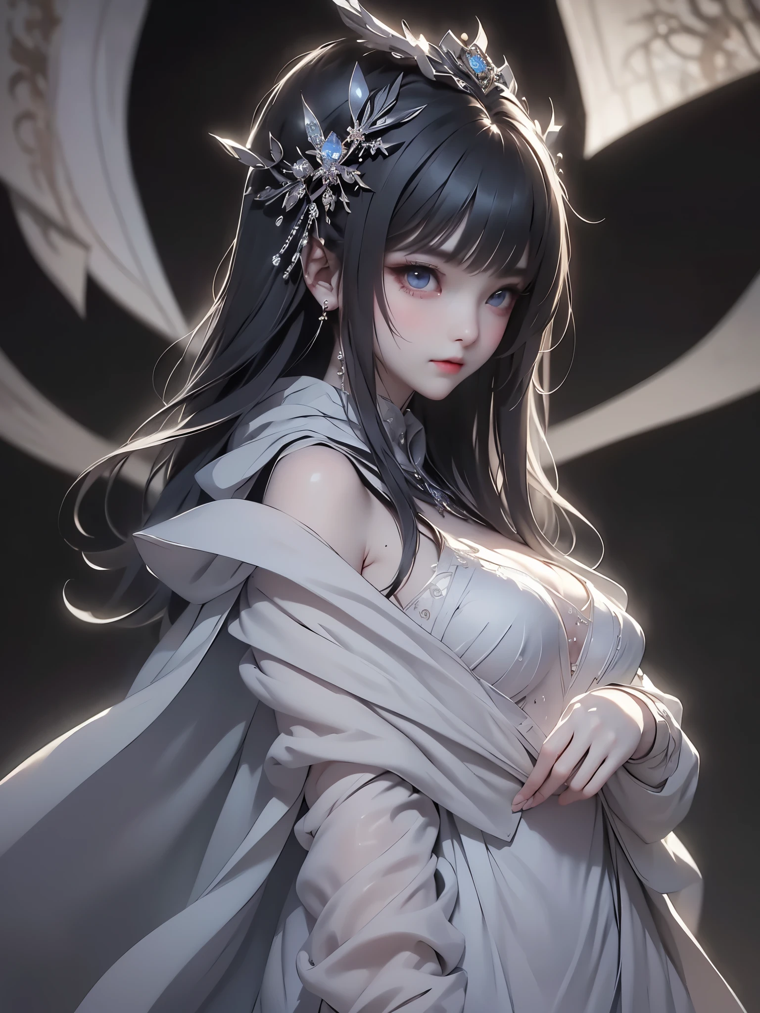 、masterpiece:1.5, bestquality, 1girl, classic girl, classic, Mechanical decoration、A face with cold beauty、Cold Face, detailed eyes、Beautiful shoulders、Solemn atmosphere、small breasts, beautiful eyes, Heavy cloak、Huge pipe organ、look up、backlighting, back ground:dark world. from behind.
