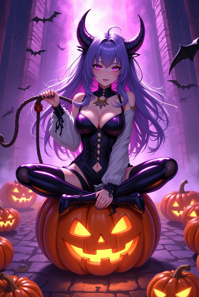 (shot from above, masterpiece,  Best Quality :1.2), sitting cross-legged on a pumpkin,  attack pumpkins with a powerful leather whip in your hand, ( Enchanting Blue Eyes ), Pumpkin Training ,  dynamic action, Halloween festivities ,  1 Vampire Girl , Alone,  enchanting canines ,  Dynamic Shots ,  \Characters "Atlas"\,  BREAK The Dark World of Yesen ,  Bats Flying Around ,  Transparent Fantasy: A purple world with rainbow-colored fog,  Will Captivate You... ,  BREAK The world of Happy Halloween is about to begin, kiri , 