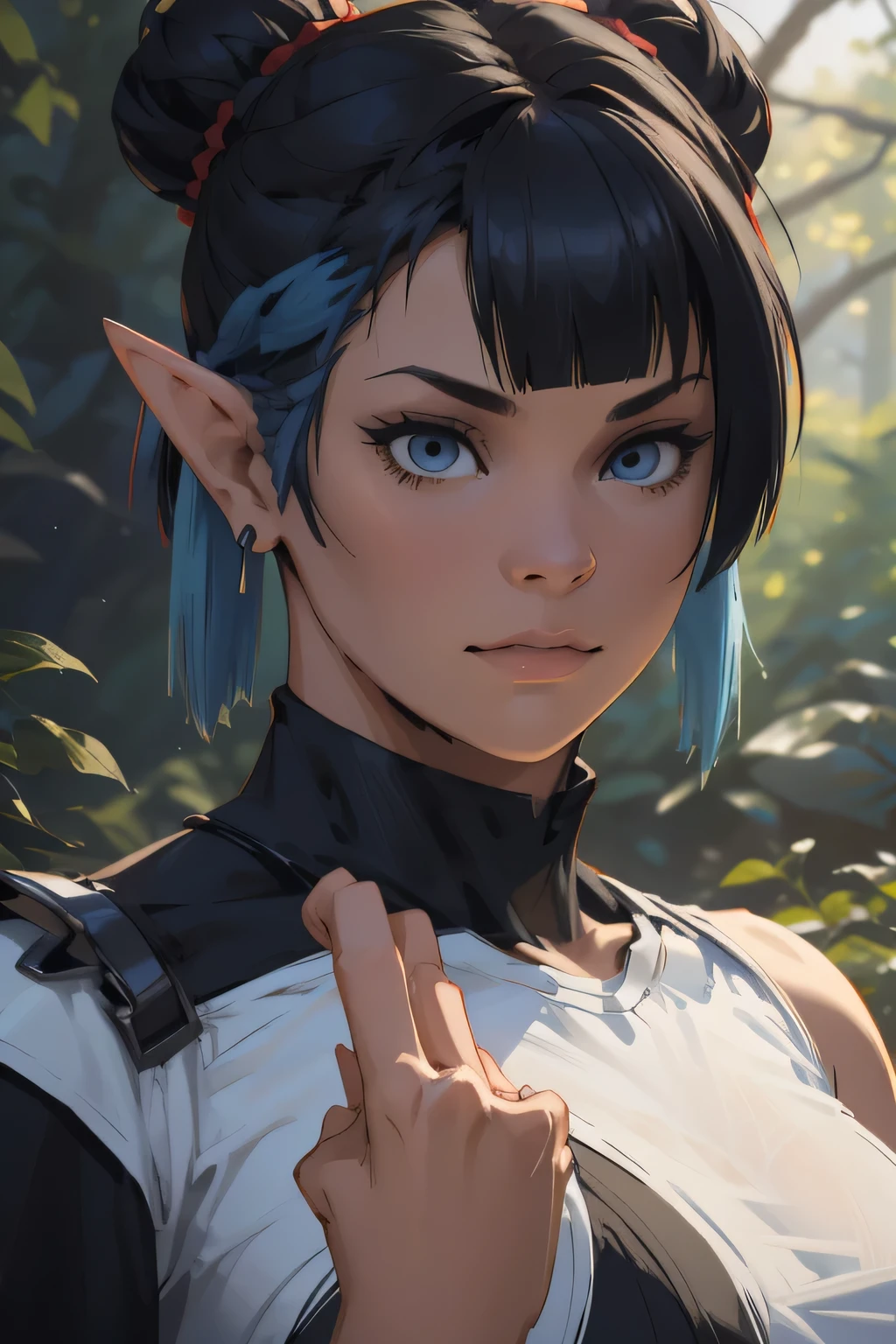 a beautiful elf girl training, short brown hair, double bun hairstyle, blunt bangs, blue eyes, hair ornament, detailed face, elegant pose, mystical forest background, cinematic lighting, (best quality,4k,8k,highres,masterpiece:1.2),ultra-detailed,(realistic,photorealistic,photo-realistic:1.37),fantasy,concept art there is a woman with blue hair taking a selfie, short blue hair, with blue hair, blue short hair, short blue hair!!!, messy blue hair, halfbody headshot, blue hairs, blue hair, short blue haired woman, chloe price, sky blue highlights in hair, cyberpunk dyed haircut, flowing blue hair, brown hair with light blue ends, blue and black, LAUFEN, SHORT HAIR, DOUBLE BUN, BLUNT BANGS,