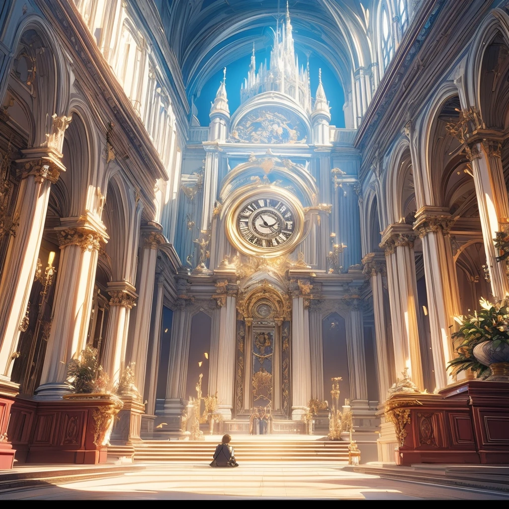 Anime character sitting on a bed with a clock in the background, high detailed Official Artwork,  Anime Fantasy Illustration ,  Official Anime Item  , Anime Goddess,   anime fantasy artwork ,   BEAUTIFUL FANTASY ANIMATION  , Official Artwork, granblue fantasy, Seraphim, Flying Angel, Ethereal Anime, Anime Cover, 2. 5 d cgi   anime fantasy artwork , Official Art,  Epic Light Novel Art Cover 