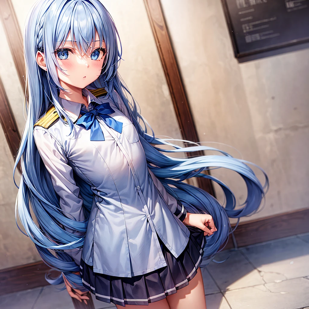  1 girl, Blue Hair, blue eyes,uniform,Dignified, flat chest, standing ,Junior high school students, long hair