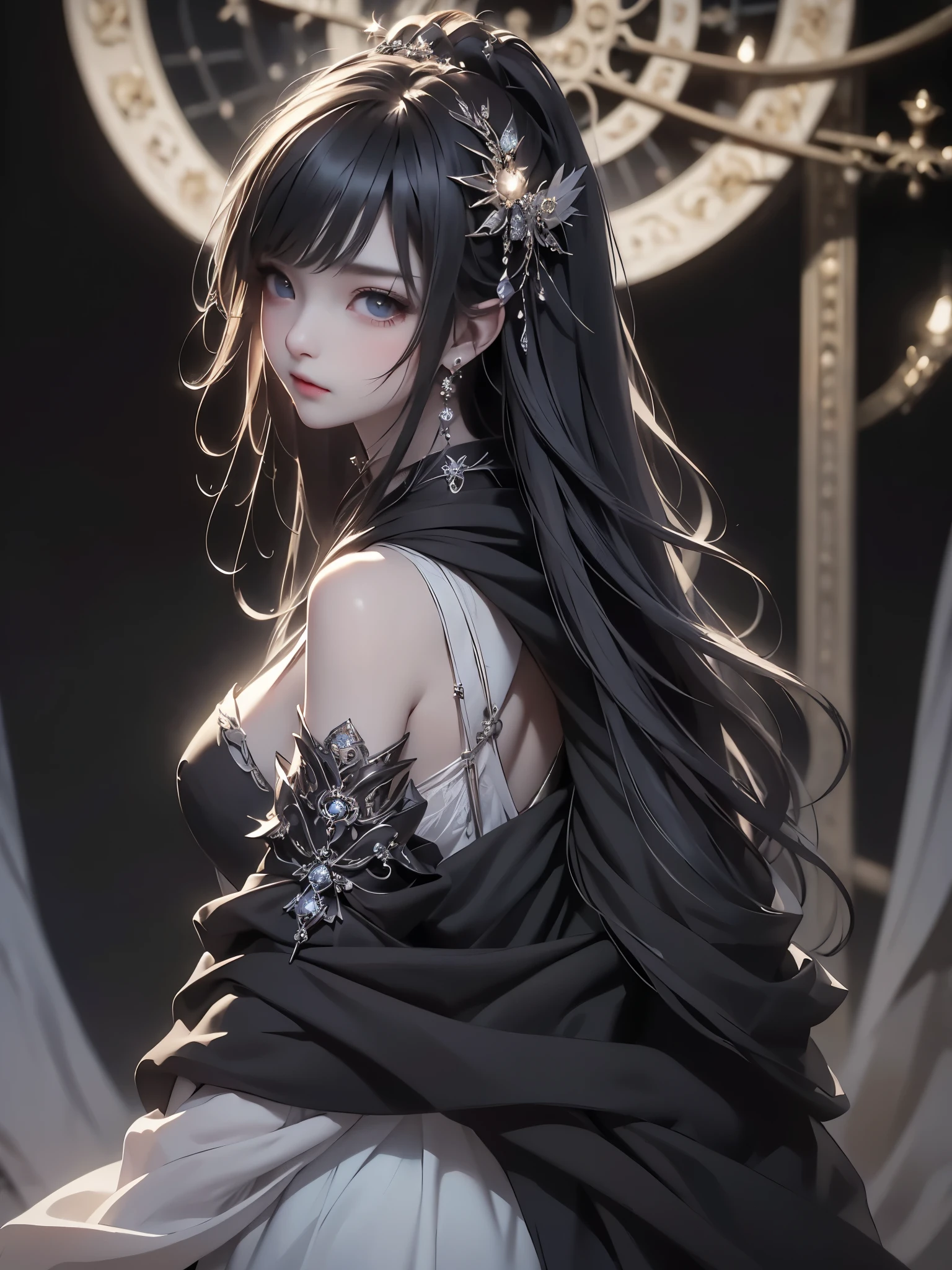 、masterpiece:1.5, bestquality, 1girl, classic girl, classic, Mechanical decoration、A face with cold beauty、Cold Face, detailed eyes、Beautiful shoulders、Solemn atmosphere、small breasts, beautiful eyes, Heavy cloak、Huge pipe organ、look up、backlighting, back ground:dark world. from behind.
