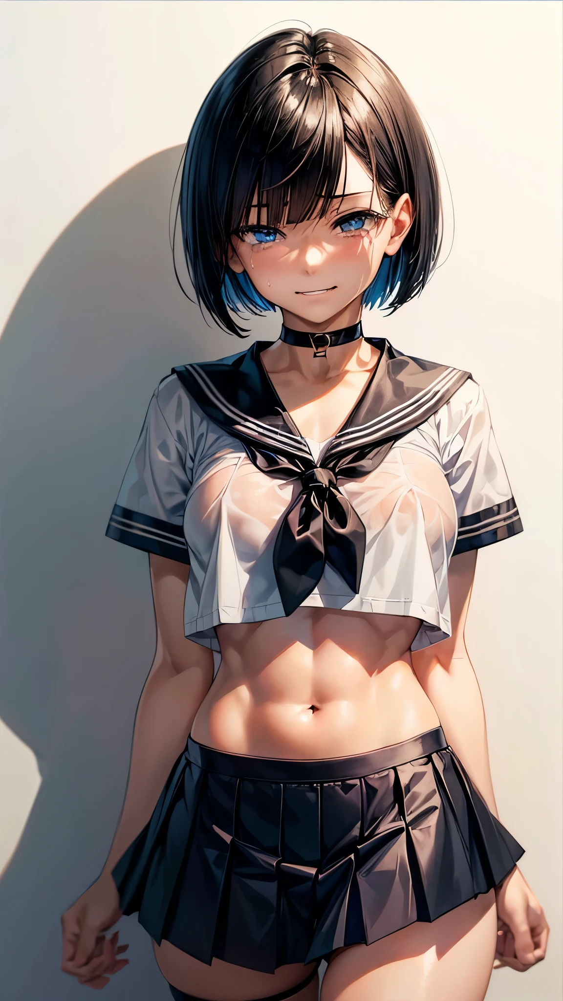 (masterpiece, best quality:1.2), front shot, beautiful thin 1girl, (super big breasts, micro waist, very long legs:1.5), Black hair, short bob hair, (Extremely skinny), short height, Light Skin, cute big eyes, cute beautiful thin face, forced smile, serafuku, mini skirt, Arched back, pigeon-toed, Embarrassing pose, Long and thin navel, (beautiful visible ribs:1.3), wet and sweaty, Trembling