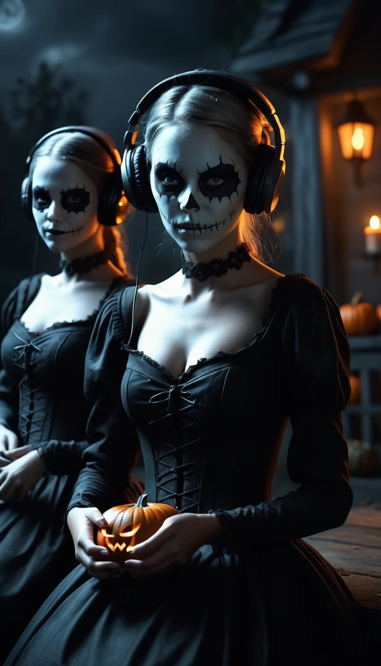 a dark, spook halloween scene with distant beautiful young women dressed up, listening to music , photo real, 4k