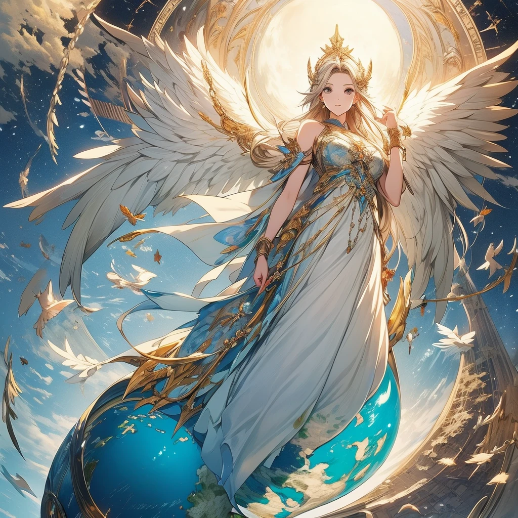 Picture of a woman with wings on a globe, Anime illustrations inspired by Kensuke Fujishima,  pixiv Contest Winner ,  Fantasy Art , Anime Goddess, of Beautiful angel, of an Beautiful angel girl,  girl with wings Angel , Beautiful woman angel, Beautiful angel, Angel Knight Girl, Seraphim,  Celestial Goddess ,   BEAUTIFUL FANTASY ANIMATION  , Tall female angel