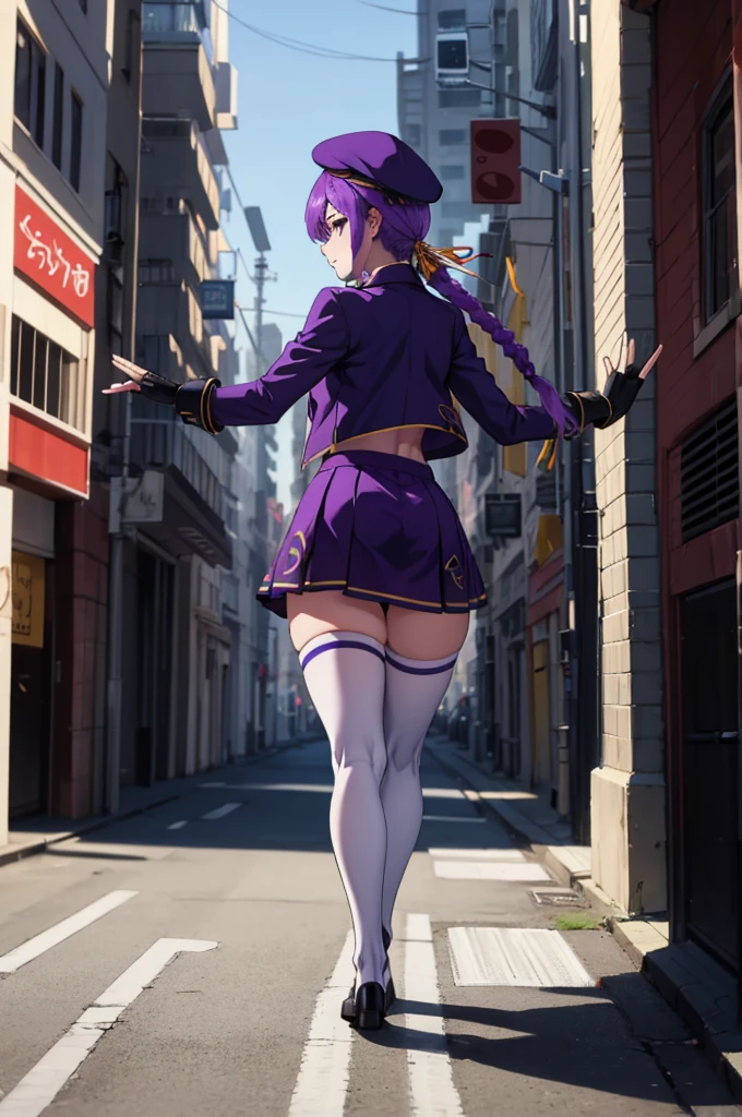 masterpiece, best quality,   eltnumdef, full body,braid, beret, hair ribbon, cropped jacket, purple jacket, purple sweater, v-neck, necktie, skirt, fingerless gloves, white thighhighs, White panties,Height: 175 cm, In the city, Seductive pose,from behind