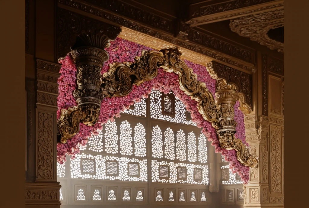 Create an oil painting in the Renaissance style, inspired by the works of William Adolphe Bouguereau depicts an ornate architectural detail of a palace interior in medieval India, likely from Chittor. The central focus is on a large wooden archway with intricate carvings featuring floral motifs and geometric patterns in gold, brown, and beige tones. Two prominent stone columns with elaborate designs are positioned symmetrically on either side of the archway. Above the columns, a wavy golden arch adorned with flowing pink Lotus petals creates a luxurious canopy. These petals transition to soft pink flowers dangling as tassels at the bottom, adding depth and texture to the scene. Beneath this arch hangs a dense arrangement of vibrant pink flower garlands that cascade down, creating a rich contrast against the darker background. The archway leads to a large window with multiple panes, each containing delicate lattice work forming intricate geometric patterns. These lattice windows allow soft daylight to filter through, illuminating the space and casting gentle shadows. The surrounding architecture includes heavily carved wooden beams, columns, and ceiling panels, all showcasing traditional Indian craftsmanship. The color palette consists of warm tones such as golden yellow, deep brown, light beige, and various shades of pink, contributing to the majestic and serene atmosphere. The overall composition is symmetrical and balanced, emphasizing the beauty and intricacy of the traditional Indian architectural elements. The lighting creates a harmonious blend of natural sunlight and artificial highlights, accentuating the textures and colors of the wood, stone, and floral decorations while maintaining a realistic yet slightly dreamy quality. Infuse the aesthetic elements of a Sanjay Leela Bhansali movie, with rich, ornate colors and a cinematic flair, giving the entire composition a larger-than-life, luxurious quality.
