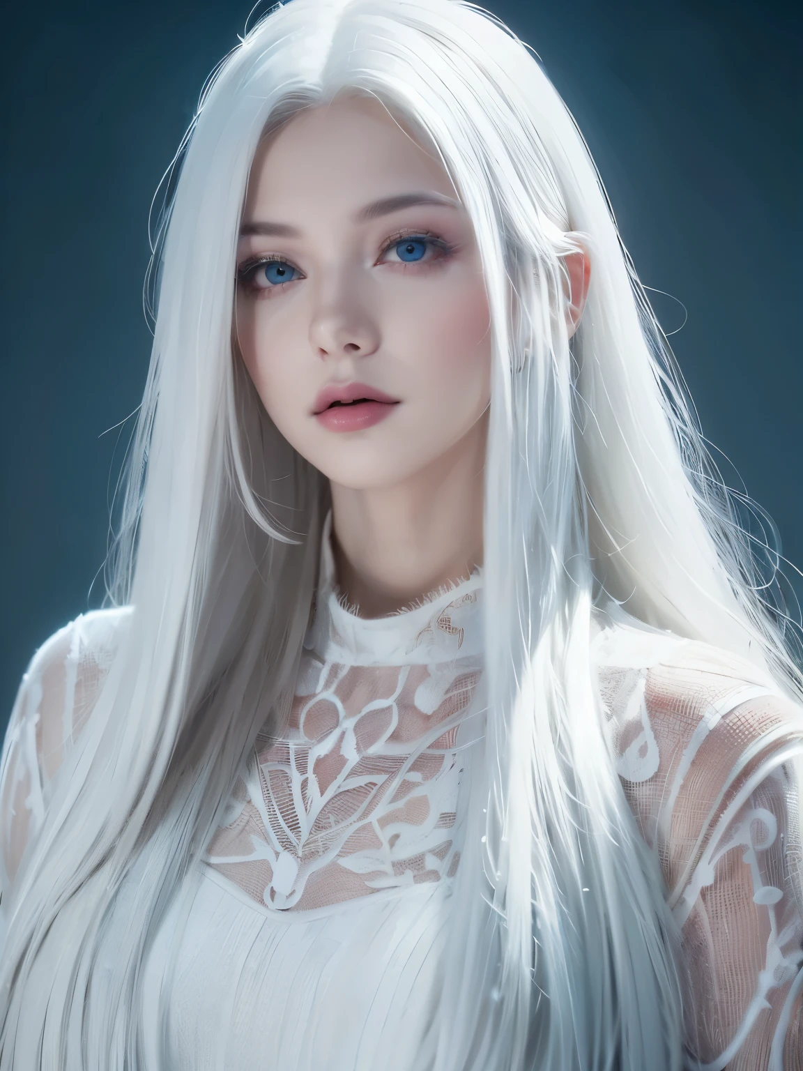 masterpiece, best quality, nearly perfect, (perfect face:1.1), (high detail:1.1), dramatic, (1 person), pale skin, (long pure white hair:1.4), white eyes, Otto Sepalainen, alone, long hair, white luxury suit, cover navel, snob, Albinism, Luminous Studio graphics engine, Pouting, Demonic Magician, Volumetric lighting, delicate eyes, (8k wallpaper masterpiece), Super detailed, intricate details, Absolutely pixel perfect, Rose, Fashion, side, looking at the audience, BalenciagaStyle