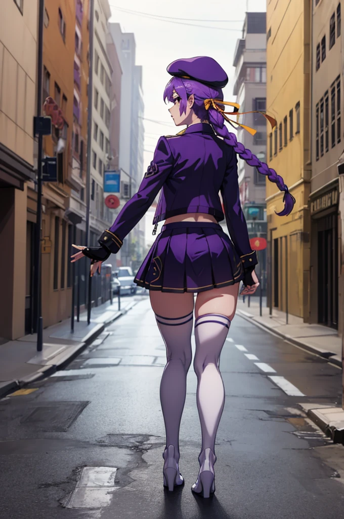 masterpiece, best quality,   eltnumdef, full body,braid, beret, hair ribbon, cropped jacket, purple jacket, purple sweater, v-neck, necktie, skirt, fingerless gloves, white thighhighs, White panties,Height: 175 cm, In the city, Seductive pose,from behind