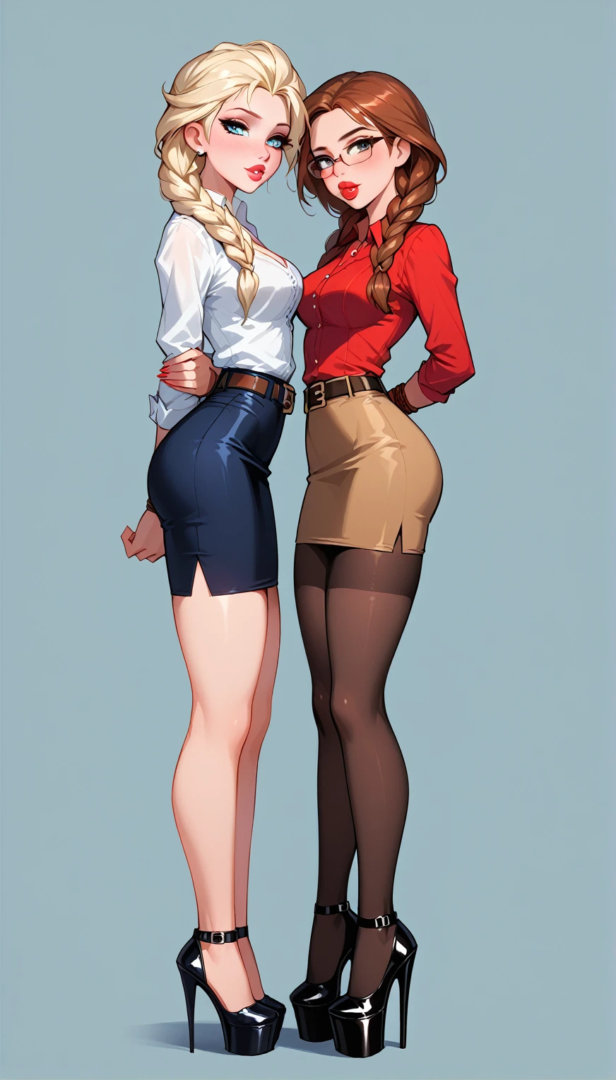 score_9, score_8_up, score_7_up, 2girls, duo, (Anna, brown hair, braided pigtails, wearing tight pencil skirt, belt, blouse, spectacles, platform heels:1.3) and (Elsa, blonde, braid, wearing tight pencil skirt, belt, blouse, spectacles, platform heels:1.2), flirt, gaze, sexy look, half-closed eyes, head tilt, filled lips, thick lips, makeup, side view, (full bodies in view) expressiveh d4rk01l, perfect hands, perfect proportions, simple background. shibari, bound arms, arms behind back, bound ankles, ankles tied together, kneels, on both knees, ballgag