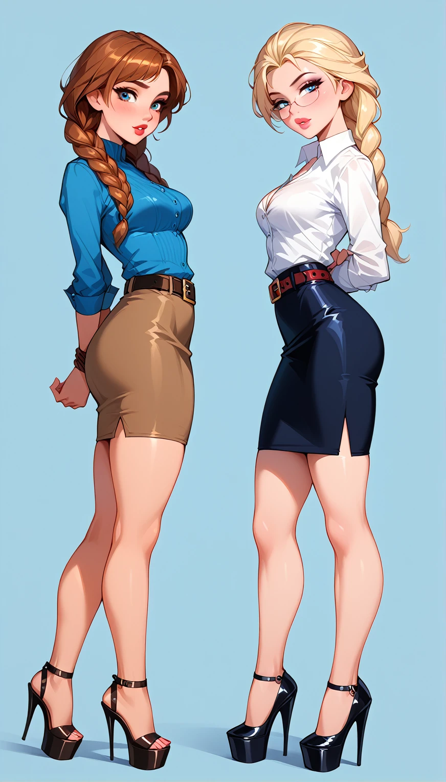 score_9, score_8_up, score_7_up, 2girls, duo, (Anna, brown hair, braided pigtails, wearing tight pencil skirt, belt, blouse, spectacles, platform heels:1.3) and (Elsa, blonde, braid, wearing tight pencil skirt, belt, blouse, spectacles, platform heels:1.2), flirt, gaze, sexy look, half-closed eyes, head tilt, filled lips, thick lips, makeup, side view, (full bodies in view) expressiveh d4rk01l, perfect hands, perfect proportions, simple background. shibari, bound arms, arms behind back, bound ankles, ankles tied together, kneels, on both knees, ballgag