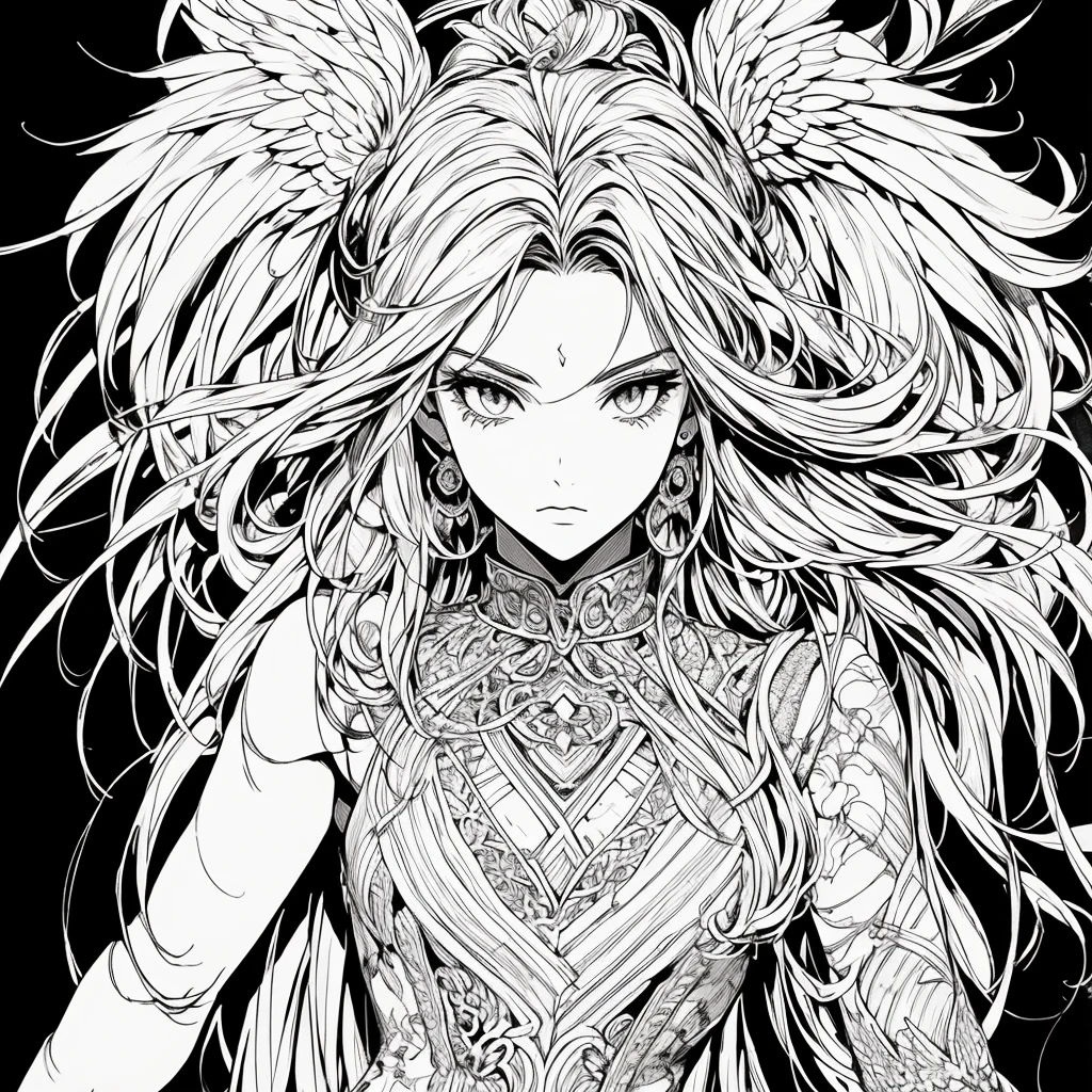 Picture of a woman with long hair and angel wings, beautiful Line art, extremely fine ink Line art, intricate Line art, thick Line art, perfect Line art, clean Line art, Line art behance hd, Line art, detailed Line art, black and white Line art,  Detailed manga style , Line art!!, bold Line art, Complex manga drawing