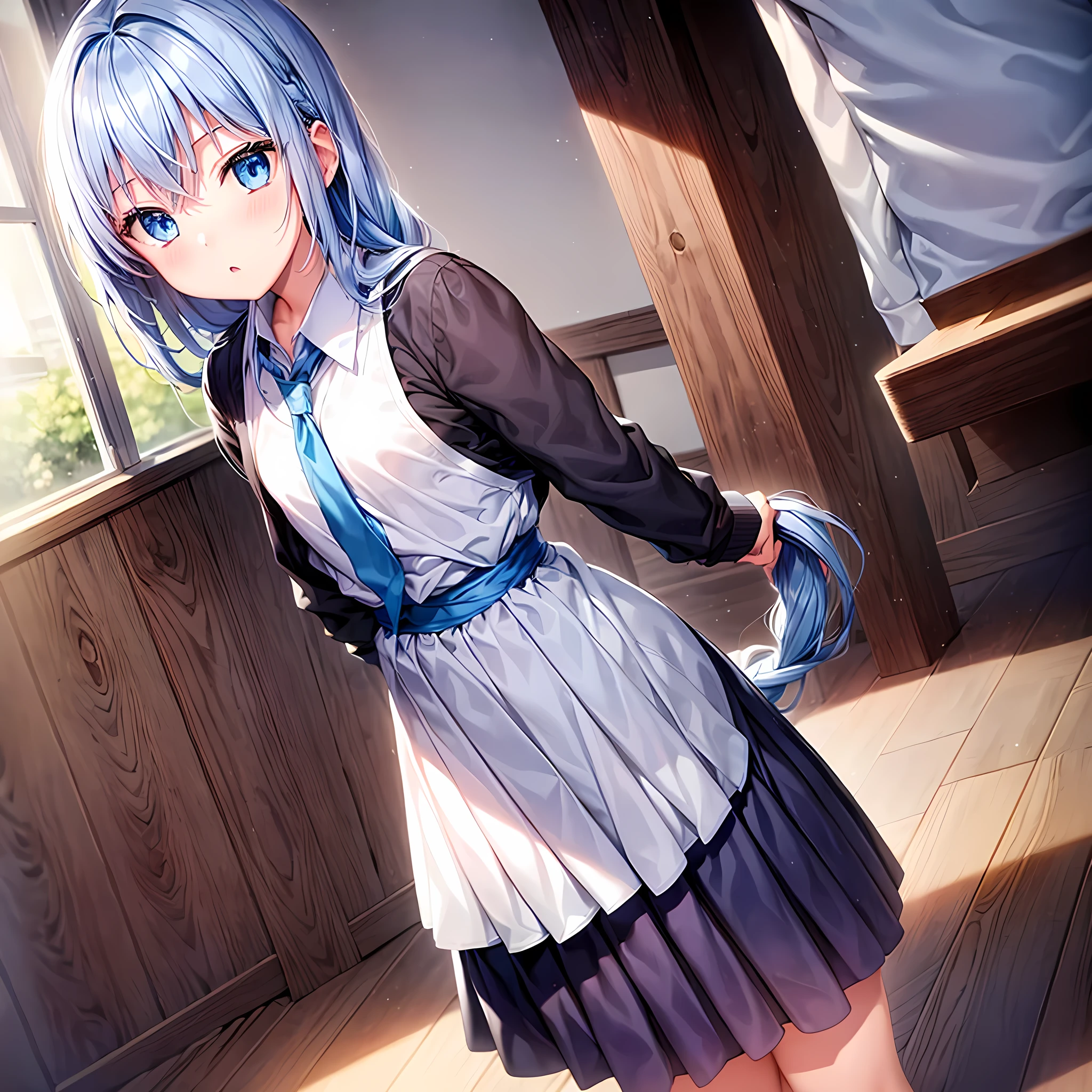  1 girl, Blue Hair, blue eyes,uniform,Dignified, flat chest, standing ,Junior high school students, long hair