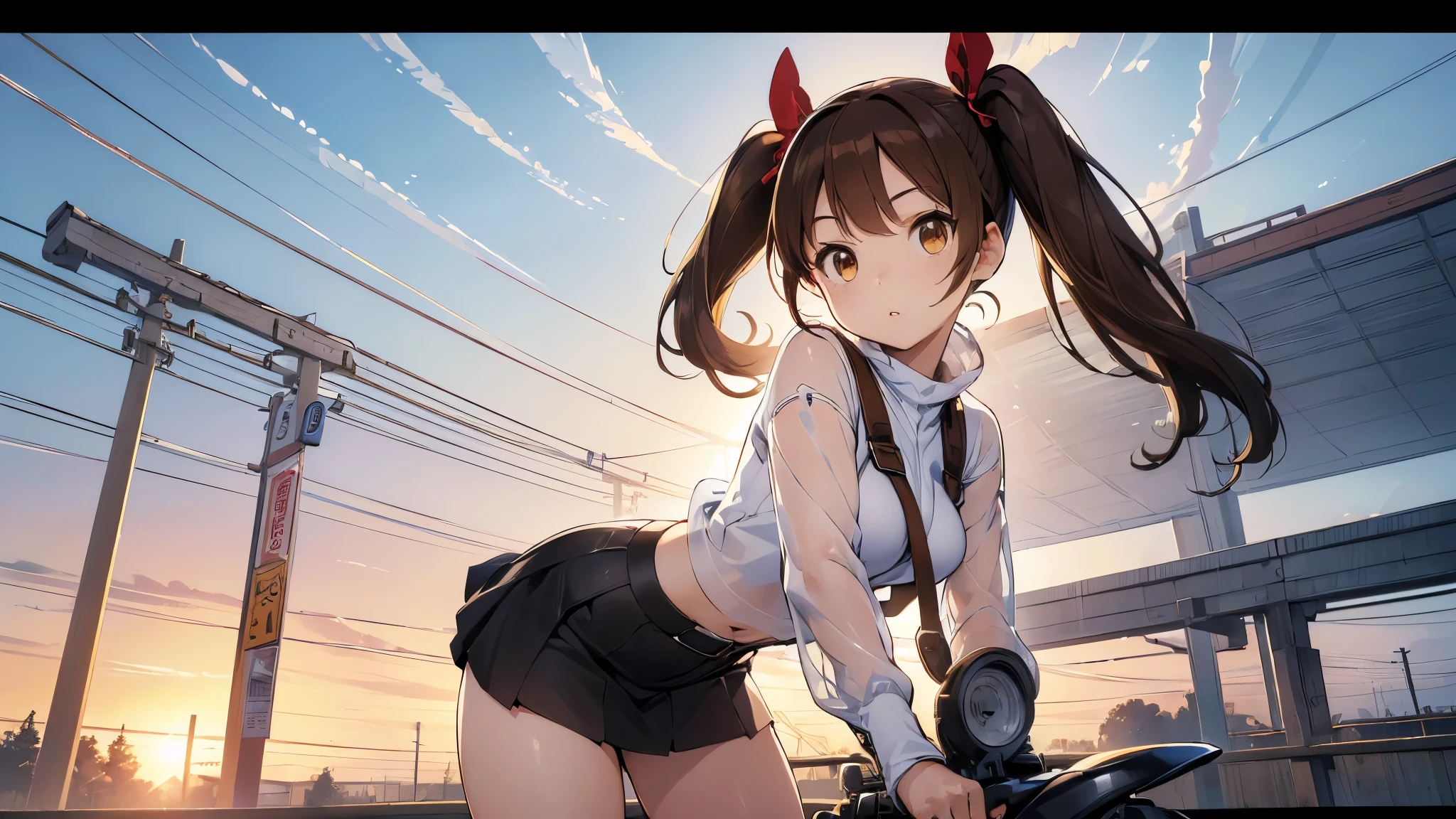 (((masterpiece))), ((( high definition))), ((( perfect face)))、((( Japan Beauty )))、(( top quality i )), detailed texture, (( high definitionの顔)), ( best quality、Unity 8k,16k, wallpaper、masterpiece、Super detailed、超 high definition、(Realistic)、( Highly Detailed Backgrounds), ((Detailed drawing))、Photoreal 1.2, exquisite, insanely detailed), ((4 fingers on 1 thumb , Perfect human hand, perfect two legs:1.2)), very detailed facial and skin textures, ((Detailed eyes)), Detailed lips, highly detailed depiction of hair , ((), twin tails, Light Brown Hair, Brown eyes, long-sleeved crop tops that fit the body, riders jacket, (Partially see-through ), Tight Miniskirt, boots, The basic color of clothing is yellow )), ((highway)), (I'm riding a mini bike), ((cowboy shot))