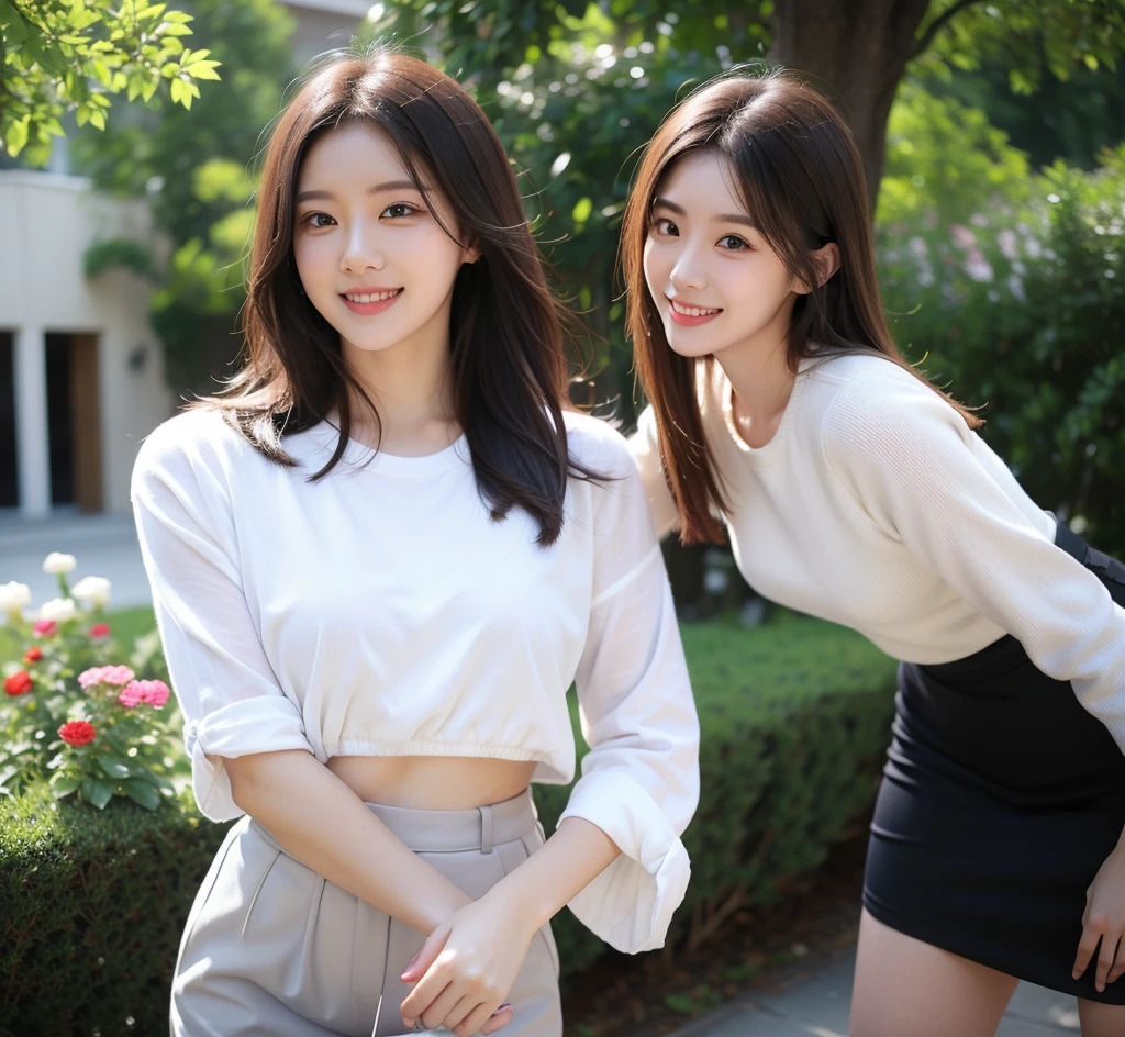 （RAW photogr，超高分辨率，tmasterpiece，best qualtiy：1.4），Complicated details，2 20 year old Korean girl，Wear a loose black T-shirt and skinny jeans，Stand on the grass and take pictures，hugs，Intimate relationships，Detailed meadow，A sweet smile on a small face，The face and skin are pink and fair，Ultra-realistic facial details，Playful and coquettish pose，The calves are straight and slender:1.5，Wear high-end branded colorful travel shoes:1.5，eventide，warm color，Broad lighting，naturalshadow，taking a full body photo:1.8