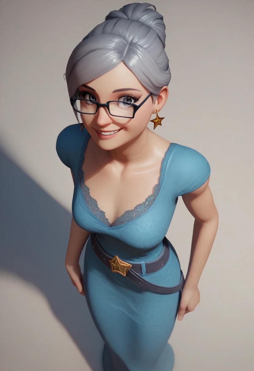 score_9, score_8_above, score_7_above, 1 girl, Alone, swirl-shaped hair, gray hair, grey eyes, glasses, Star Earrings,  Blue dress with black lace tights, sexy,  belt, neckline, smile, 3D,