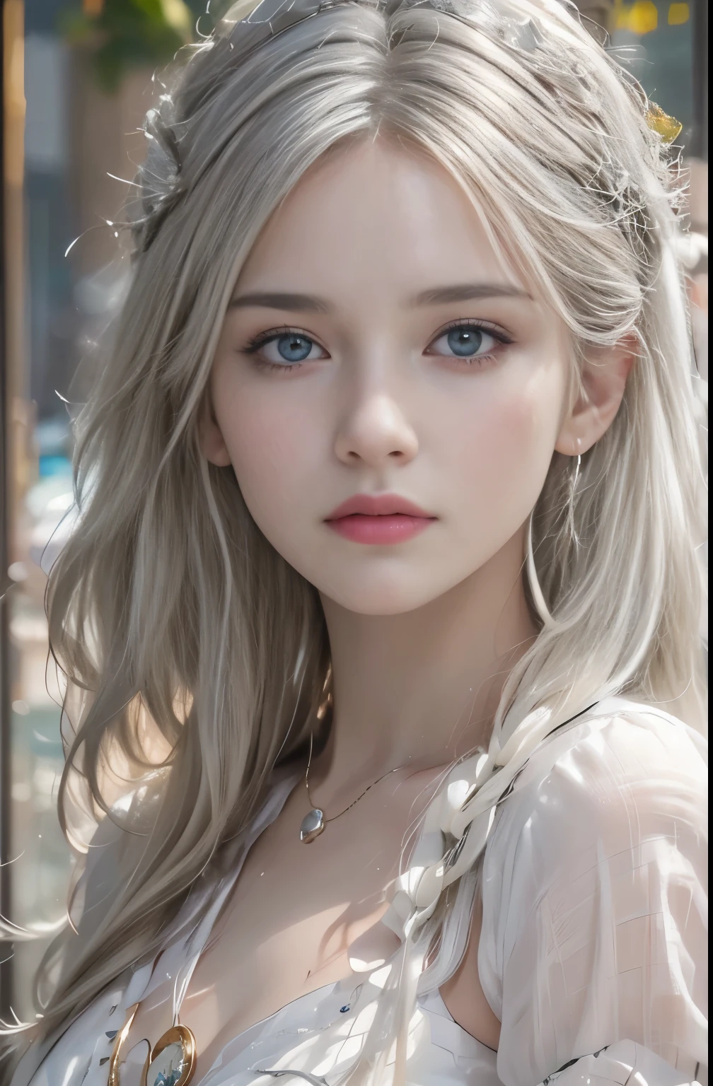 (best quality,highres:1.2),ultra-detailed,photorealistic:1.37,solo female viewing a viewer,(beautiful detailed face),white hair,goddess-like attire,facing front