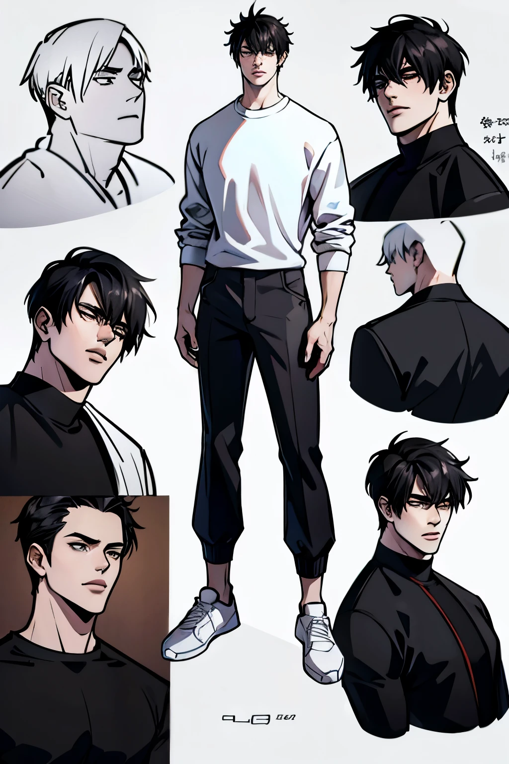 Character Sheet, Character Design, male, 20 years old, black hair, modern clothes, white sweater, black pants, white shoes, ((masterpiece)), 4K, 8K, 16K, UHD, Ultra HD, Ultra detailed