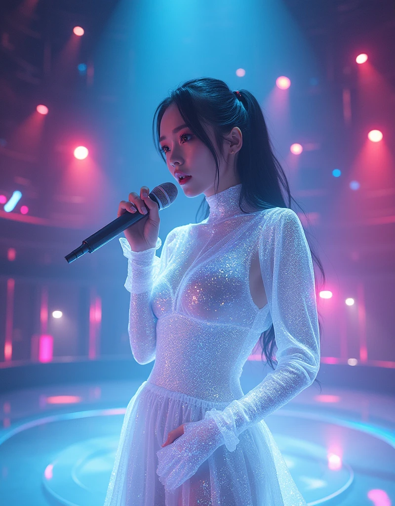 A holographic virtual idol performing an energetic concert, a female ...