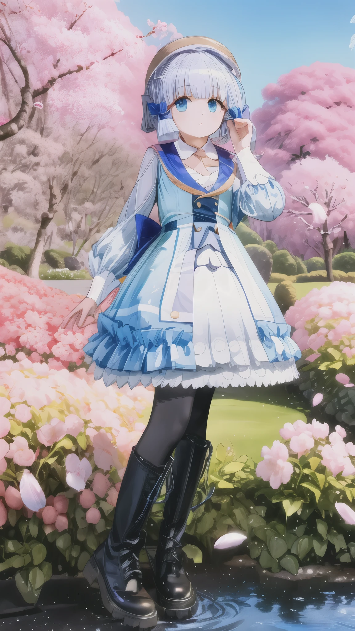  actual , photo actual ,  masterpiece , absurdres, Absurd,   extremely detailed  ,  best quality, Kamisato_Ayaka, 1 Girl,  unique, ,  expressionless face , whole body, have,  blue hair , Weaving,  blue eyes,  white pantyhose, Brown boots,  dynamic posture,  is watching viewers,  Detailed Backgrounds , In the Garden, Cherry blossoms, rain,water, 