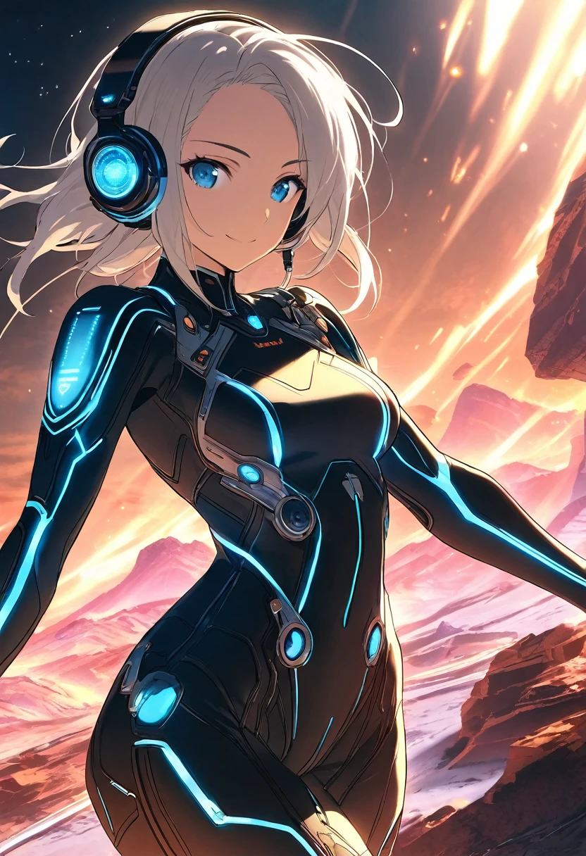 (((Best quality, 8k, Masterpiece: 1.3)), ((best quality)), ((masterpiece)), (detailed), perfect face, perfect body, A beautiful silver-haired girl wearing headphones, a sci-fi action set on Mars in the 2500s, a body suit with a black base that emits a glow, a complex pattern that emits light, a smiling face, and blue eyes staring at you. There is.