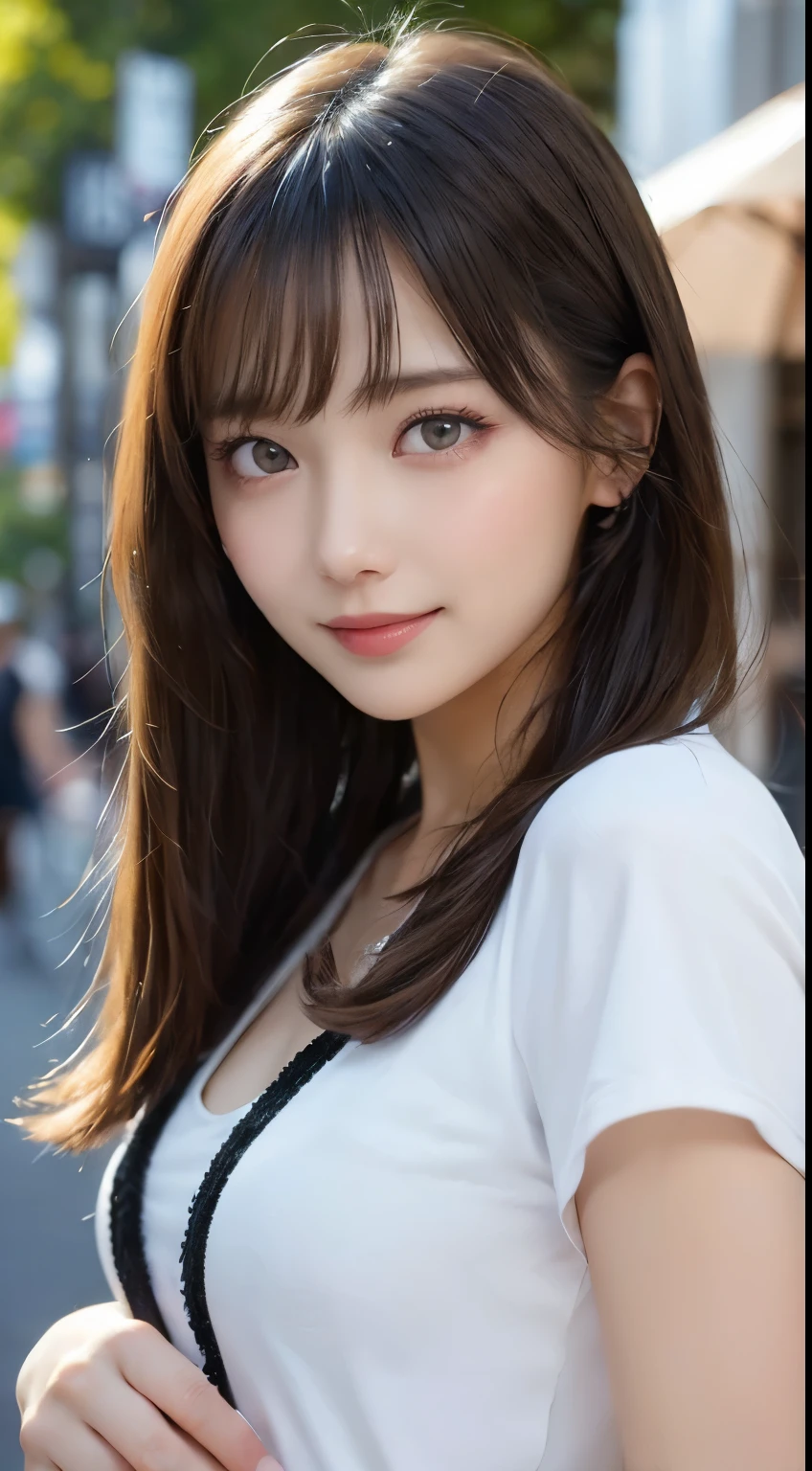 masutepiece, Best Quality, Illustration, Ultra-detailed, finely detail, hight resolution, 8K Wallpaper, Perfect dynamic composition, Beautiful detailed eyes, Women's Fashion Summer,Medium Hair,small ,Natural Color Lip, Bold sexy poses,Smile,Harajuku、20 years girl、Cute、Sexy shot looking at camera