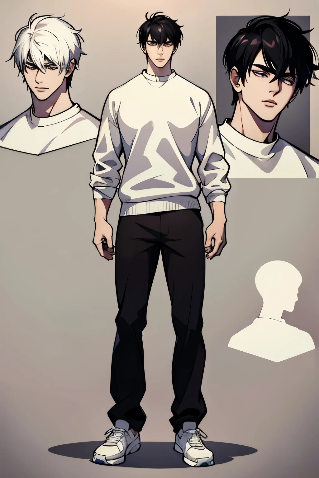 Character Sheet, Character Design, male, 20 years old, black hair, modern clothes, white sweater, black pants, white shoes, ((masterpiece)), 4K, 8K, 16K, UHD, Ultra HD, Ultra detailed