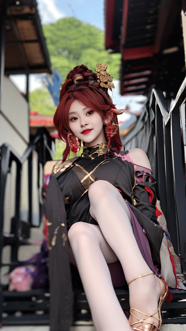 1girl, (ulzzang-6500:0.7), kpop idol, yae miko, detached sleeves, bare shoulders, pink hair, long hair, japanese clothes, best quality, (painting:1.5), (hair ornament:1.35), jewelry, purple eyes, earrings, breasts, torii,  cherry blossoms,  lantern light, depth of field, detailed face, face focus, ribbon_trim, (looking at viewer:1.25), nontraditional miko, shiny skin, long sleeves, smile, thick lips, game cg, hands on lips, east asian architecture, (blurry background:1.2), sitting, upper body,