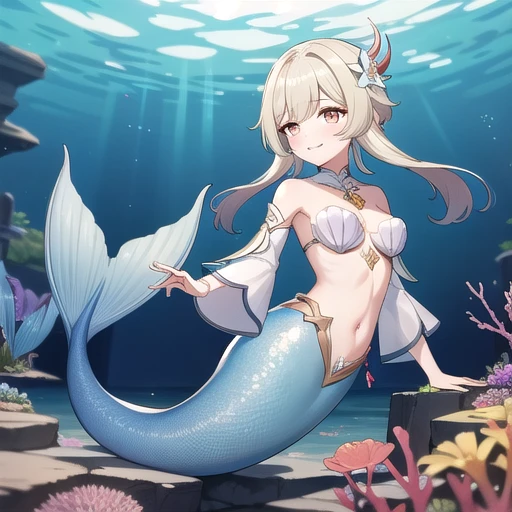 Lumine_Genshin Impact_impact,  1 girl, breast, detached_sleeves, flower,  upper _body, hair_flower, hair_ ornament with kamis, length_sleeves,  medium_breast,  Alone, smile, seabed,  mermaid, Shell Bikini