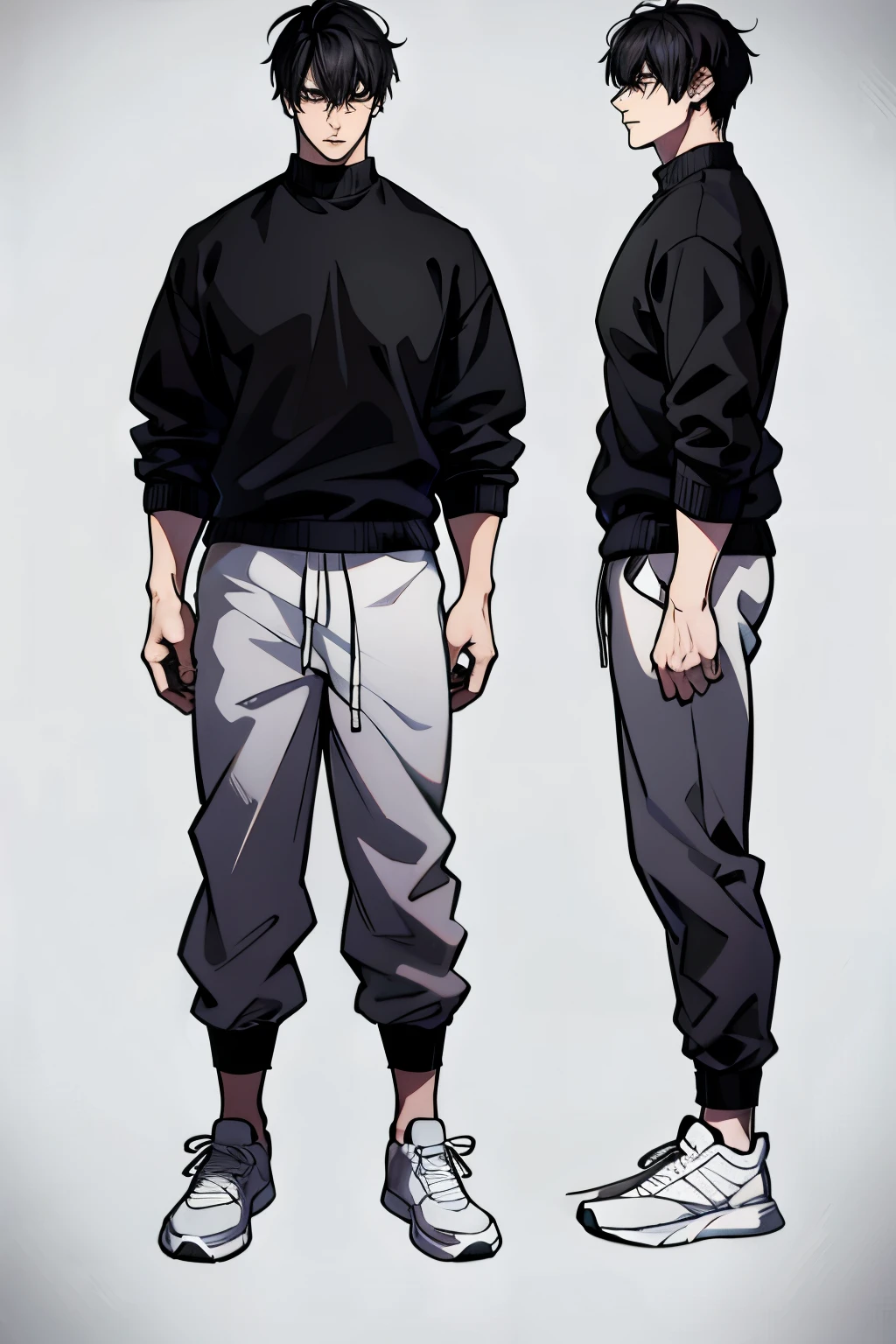 Character Sheet, Character Design, male, 20 years old, black hair, modern clothes, white sweater, black pants, white shoes, ((masterpiece)), 4K, 8K, 16K, UHD, Ultra HD, Ultra detailed