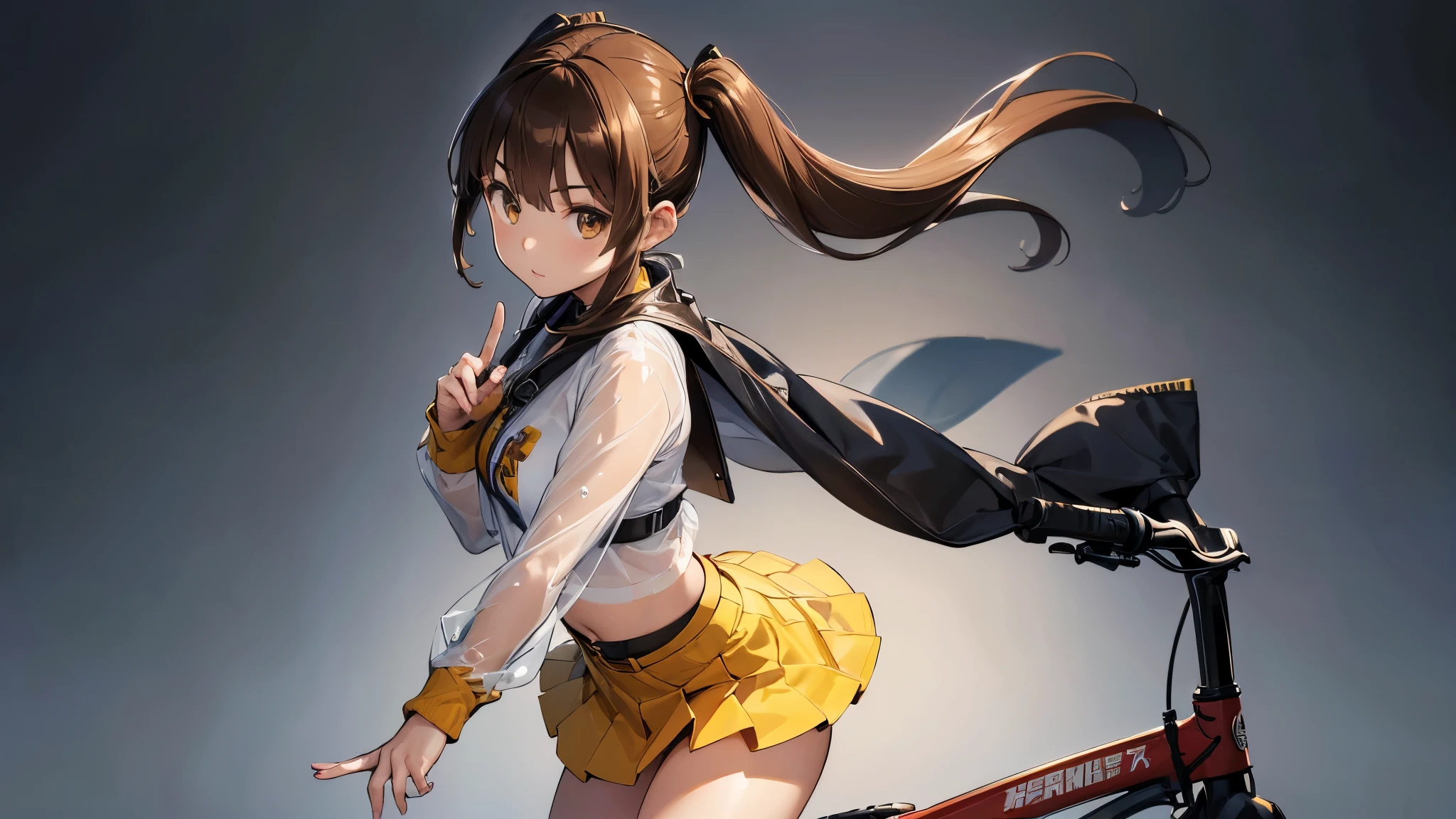 (((masterpiece))), ((( high definition))), ((( perfect face)))、((( Japan Beauty )))、(( top quality i )), detailed texture, (( high definitionの顔)), ( best quality、Unity 8k,16k, wallpaper、masterpiece、Super detailed、超 high definition、(Realistic)、( Highly Detailed Backgrounds), ((Detailed drawing))、Photoreal 1.2, exquisite, insanely detailed), ((4 fingers on 1 thumb , Perfect human hand, perfect two legs:1.2)), very detailed facial and skin textures, ((Detailed eyes)), Detailed lips, highly detailed depiction of hair , ((), twin tails, Light Brown Hair, Brown eyes, long-sleeved crop tops that fit the body, riders jacket, (Partially see-through ), Tight Miniskirt, boots, The basic color of clothing is yellow )), ((highway)), (I'm riding a mini bike), ((cowboy shot))