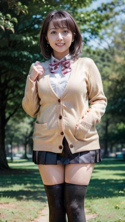  Japanese Milf,50 years old, white skin,(curvy body, plump thighs:1.5),(red bowtie,brown cardigan,red skirt,pleated skirt,micro miniskirt,black thighhighs, earrings, High Heels :1.2),( standing in the park, take a picture of the whole body from toe to head,full body,standing:1.2),looking at viewer,smile, surrealism, depth of field, from below, Sony FE, 8k, Yuka