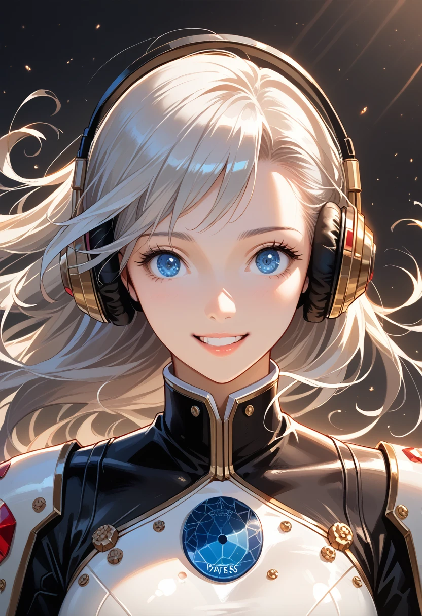 (((Best quality, 8k, Masterpiece: 1.3)), ((best quality)), ((masterpiece)), (detailed), perfect face, perfect body, A beautiful silver-haired girl wearing headphones, a sci-fi action set on Mars in the 2500s, a body suit with a black base that emits a glow, a complex pattern that emits light, a smiling face, and blue eyes staring at you. There is.