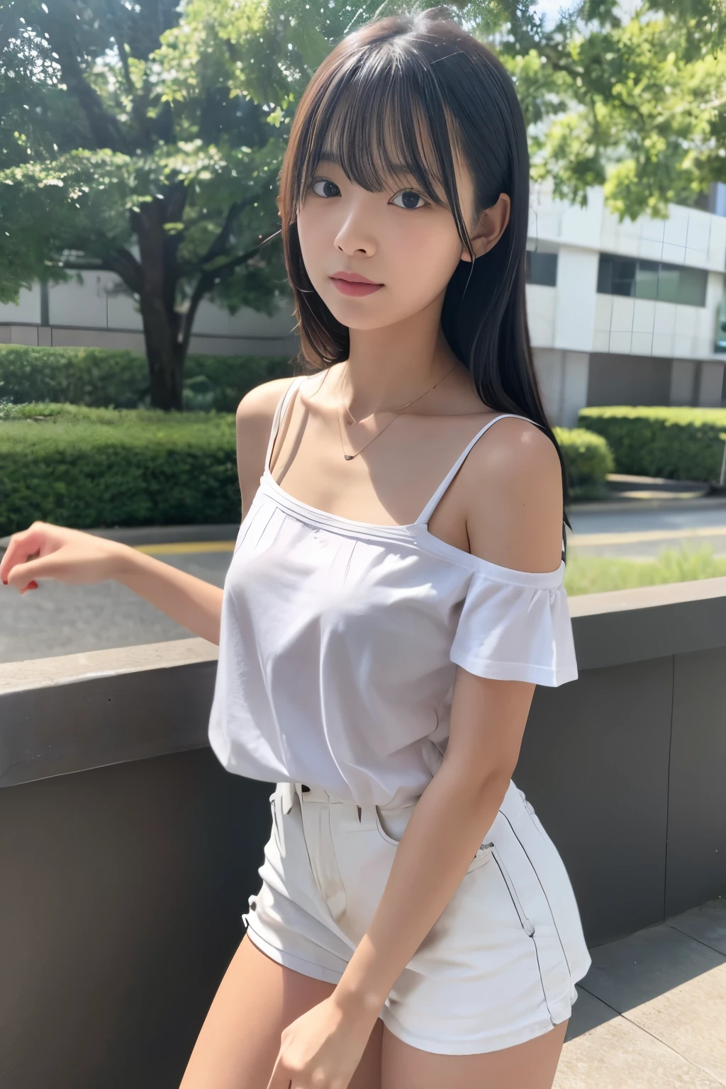 masutepiece、Best Quality、ultra-detailliert、high-level image quality、((1girl in))、white tank tops、cabelos preto e longos、japanes、A slight smil、The upper part of the body、a miniskirt