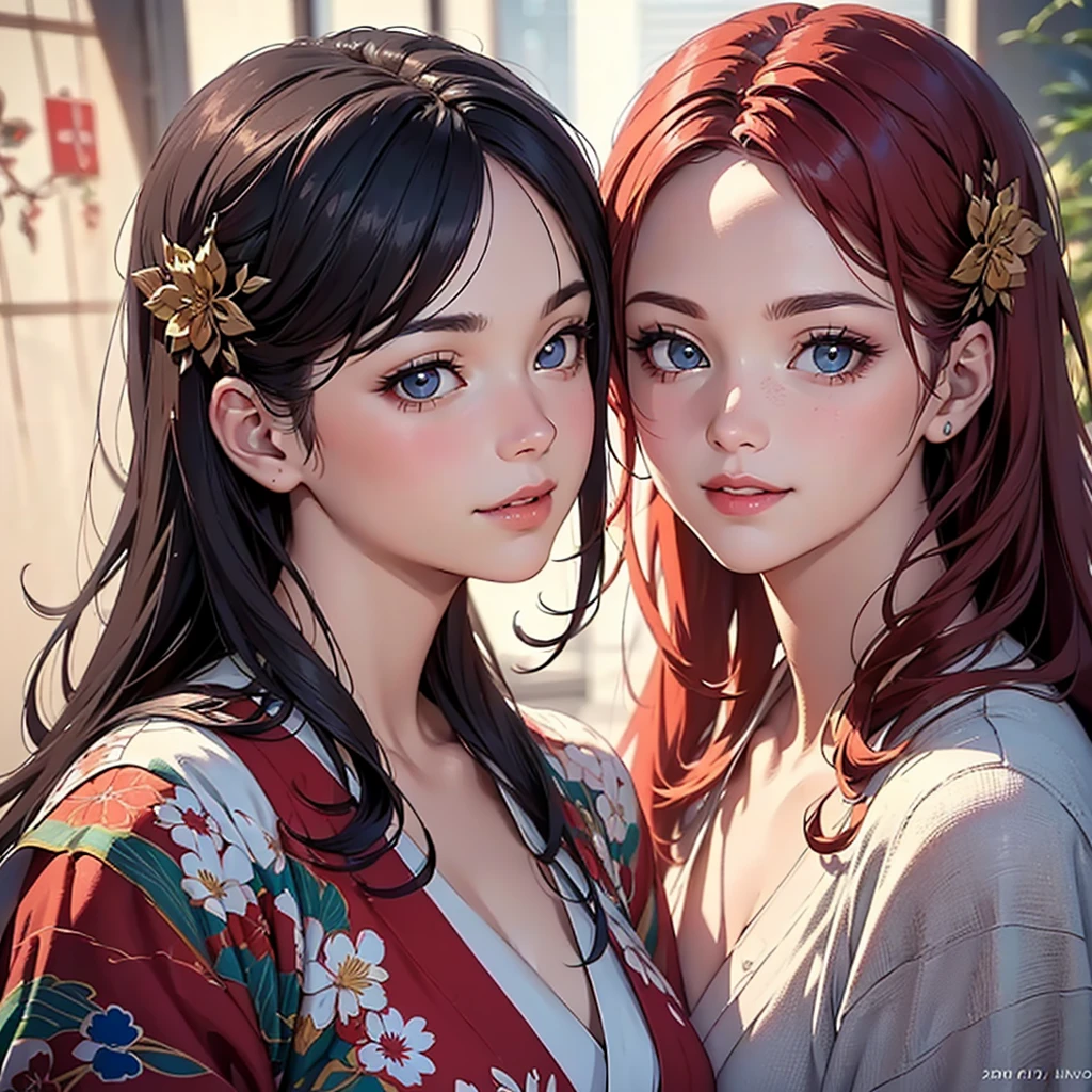 a beautiful elegant red-haired glamorous 1girl, detailed beautiful eyes, beautiful detailed lips, extremely detailed face, long eyelashes, mischievous smile, high-angle shot, exquisite kimono, sparkling kanzashi hair ornament, graceful, voluptuous, (best quality,8k,highres,masterpiece:1.2),ultra-detailed,(realistic,photorealistic,photo-realistic:1.37),digital art,intricate details,vibrant colors,dramatic lighting